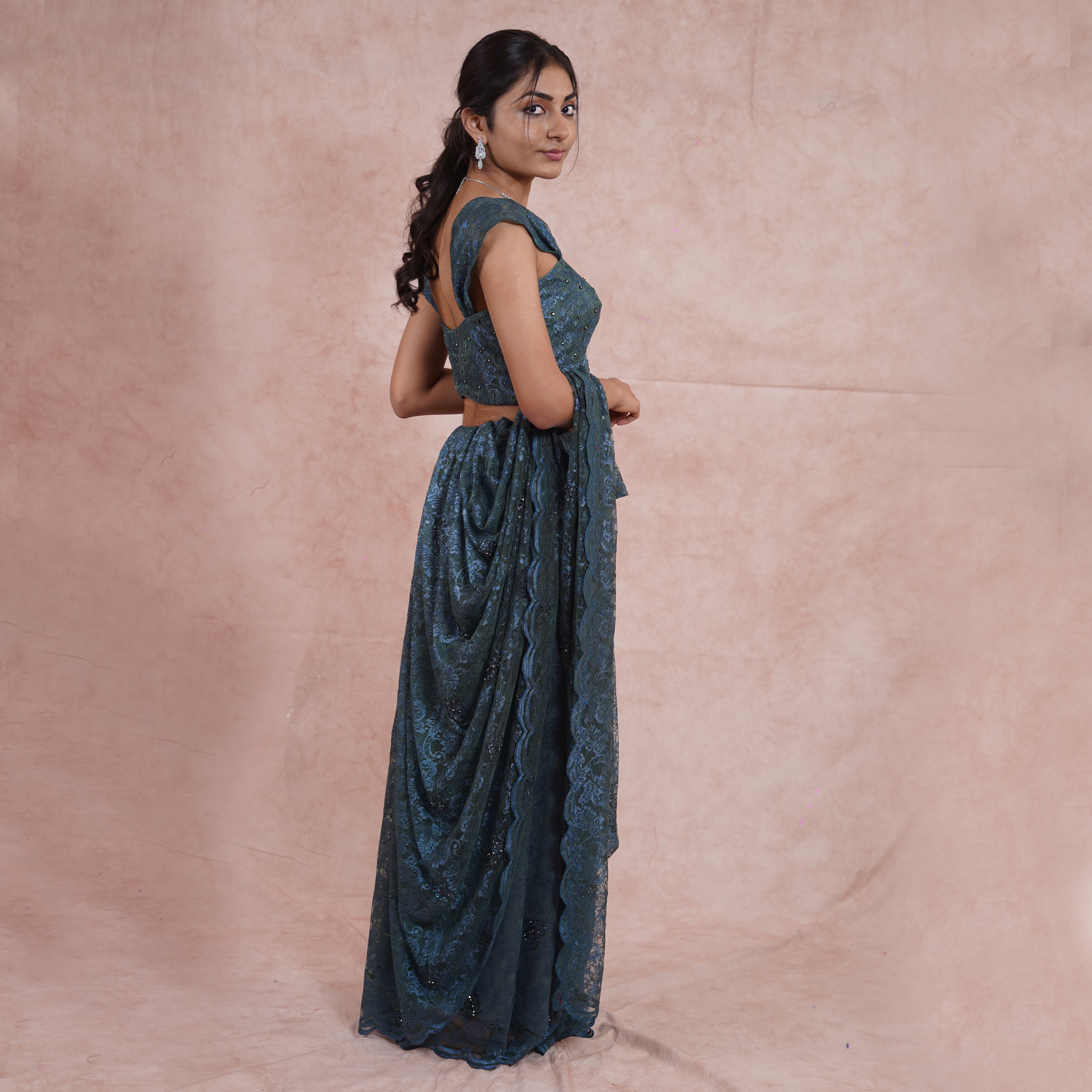 Dark Smokey Grey Green Chantilly Lace Saree