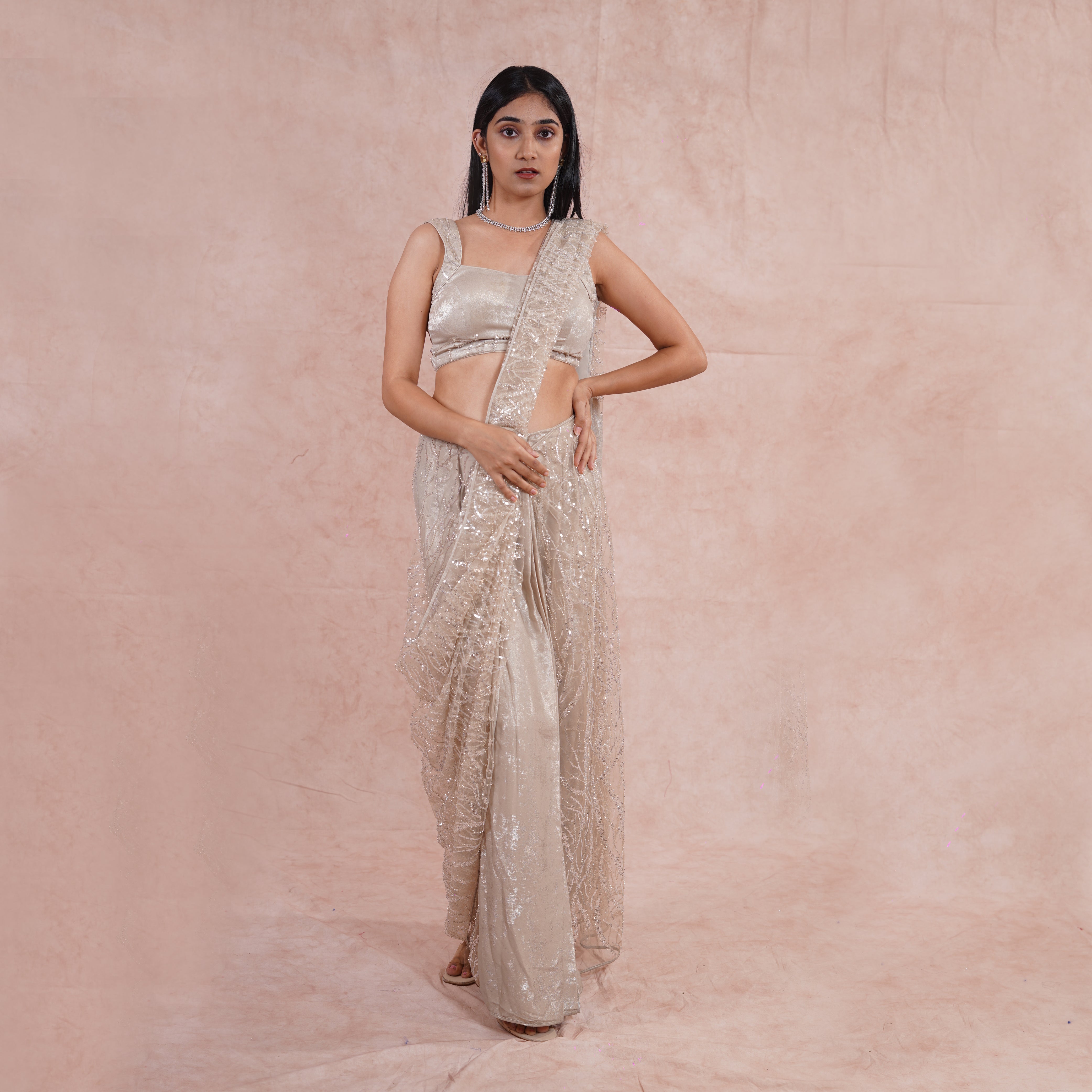 Champagne Gold Pre- Draped Saree,