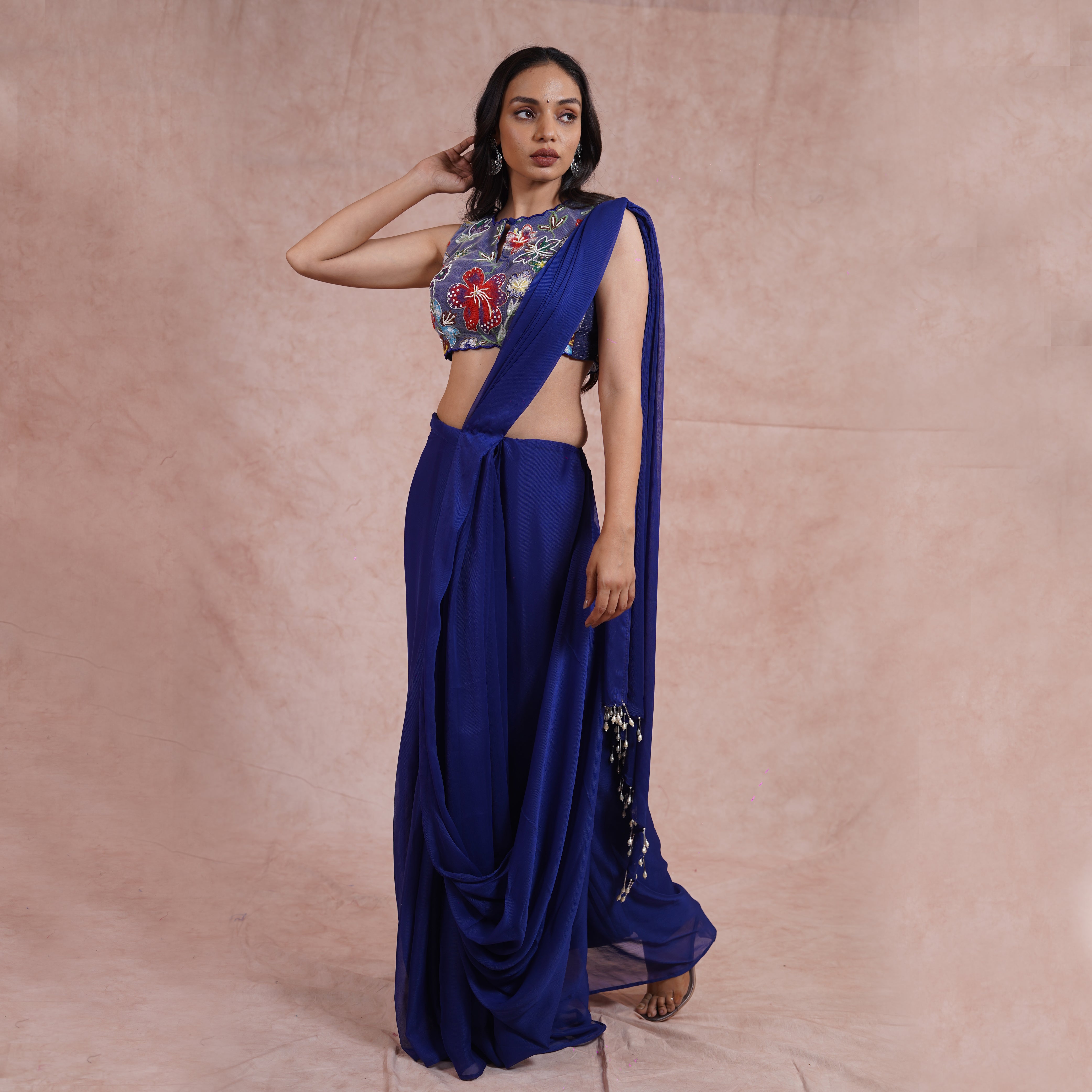 Egyptian Blue Pre-Draped Saree