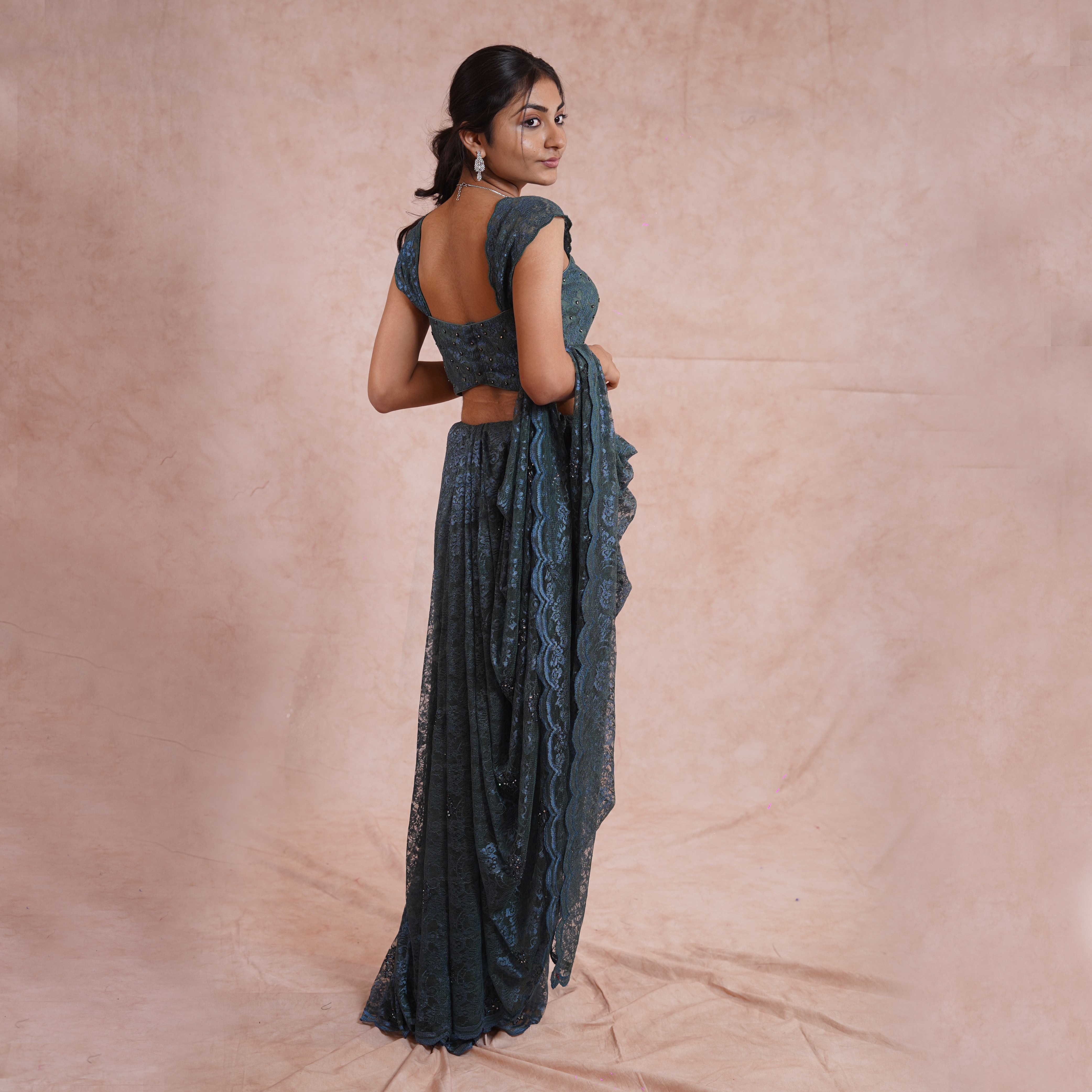 Dark Smokey Grey Green Chantilly Lace Saree