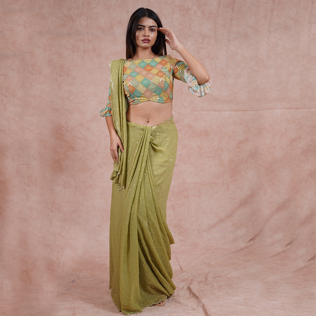 Mehendi green Mirror work saree