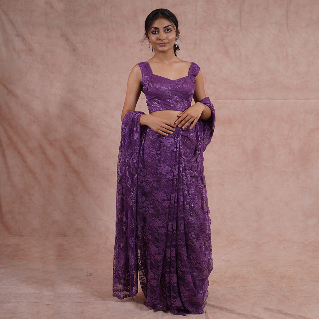 Grape Purple Chantilly Lace Swarovski Studded Saree