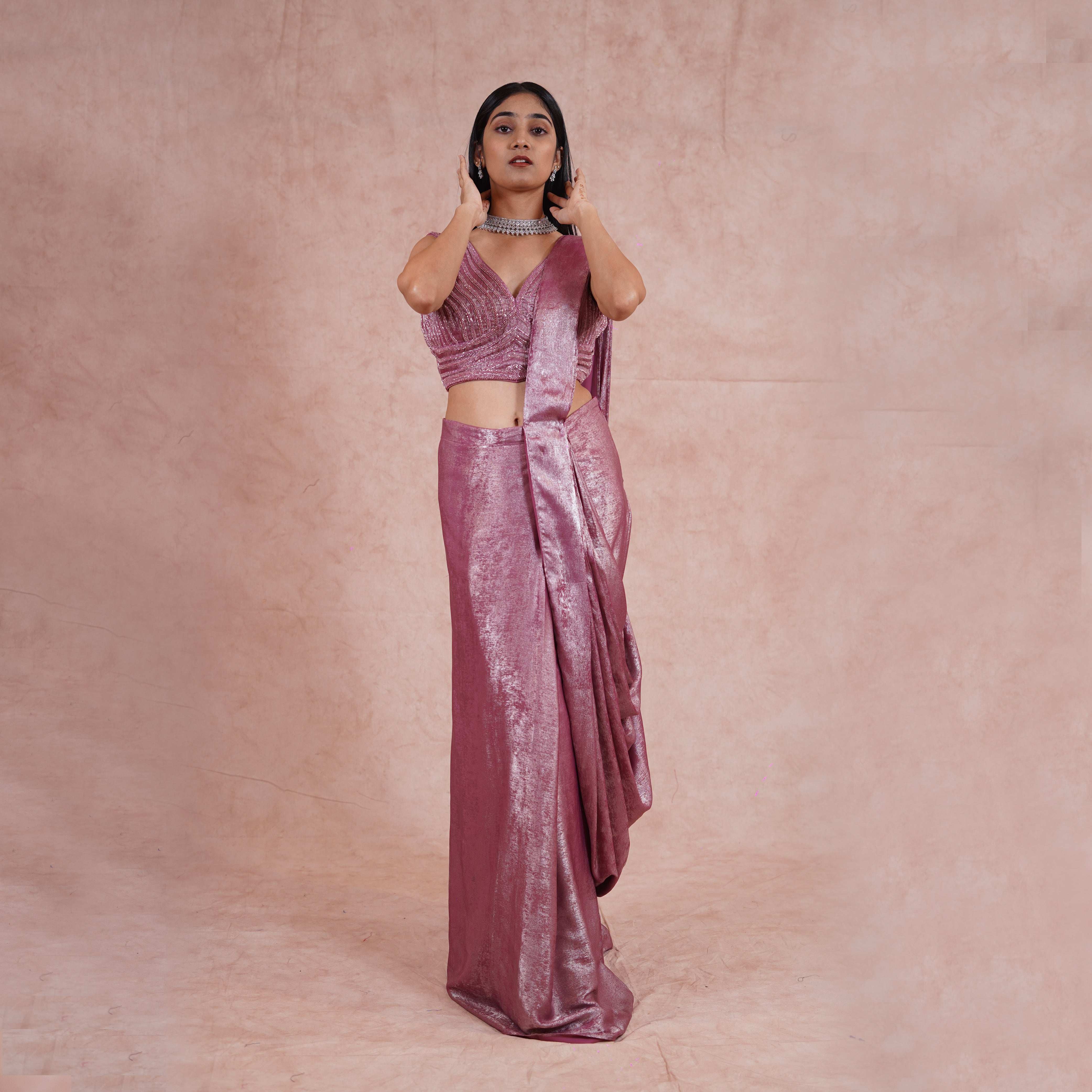 Misty Mauve Crepe Satin Pre- Draped Saree