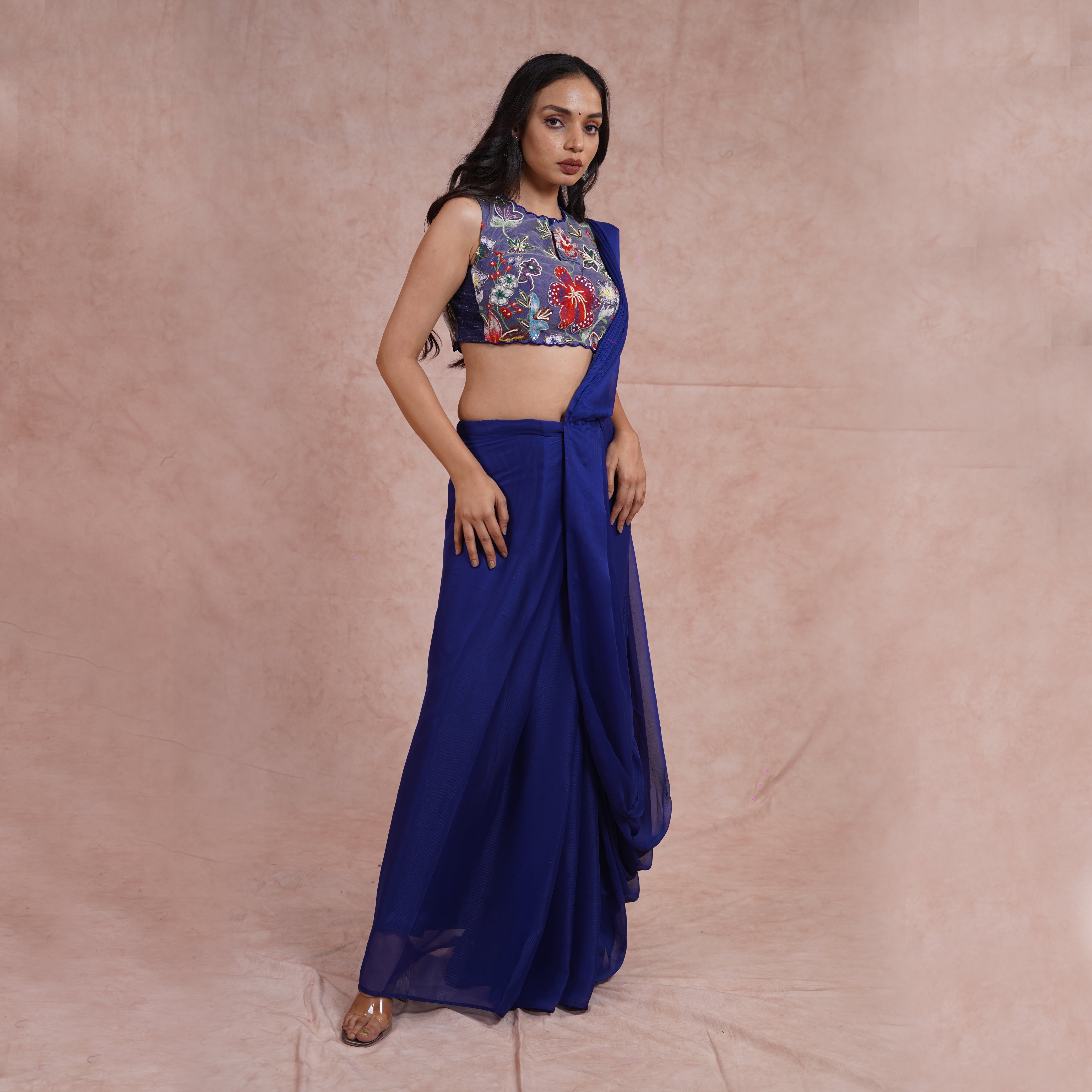 Egyptian Blue Pre-Draped Saree