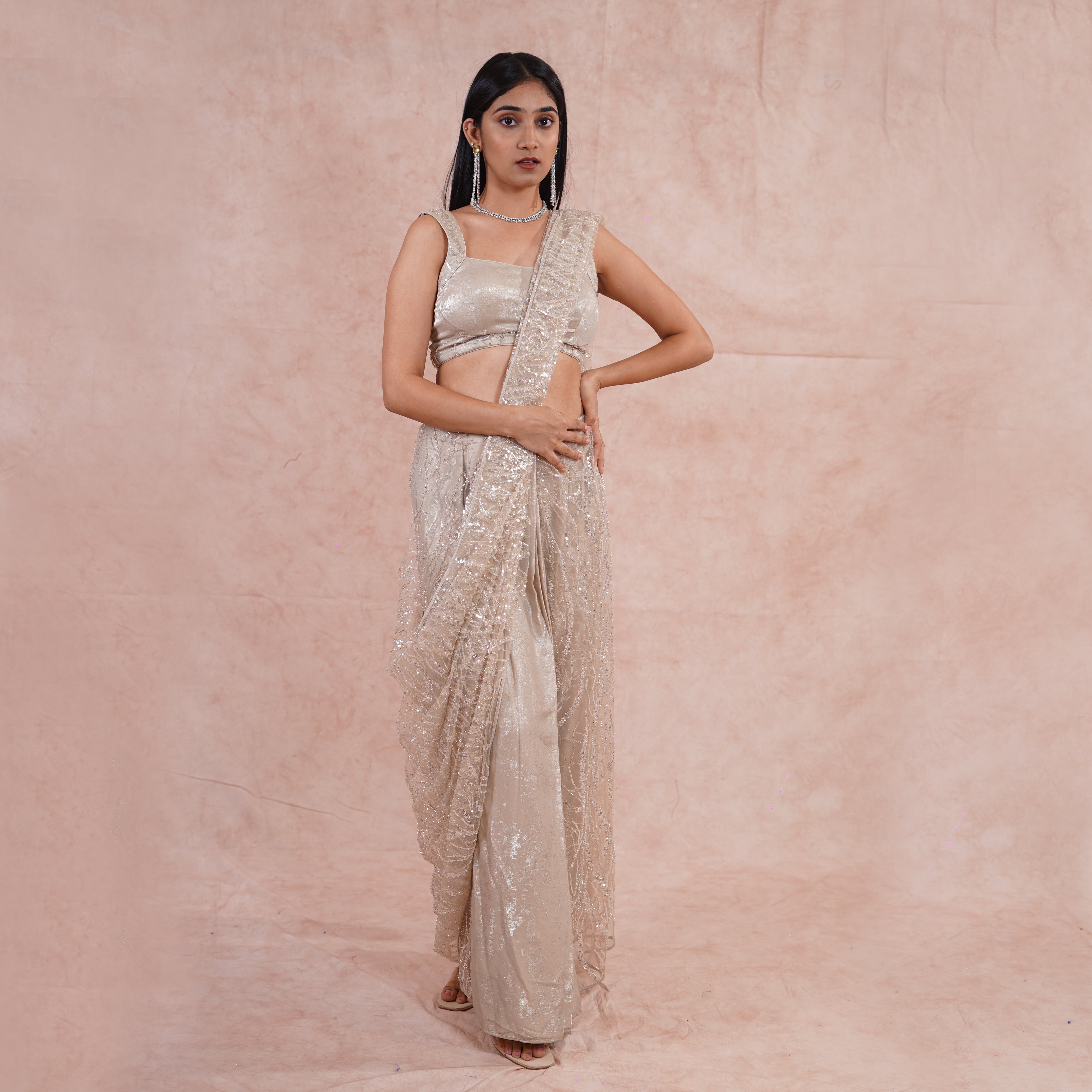 Champagne Gold Pre- Draped Saree,