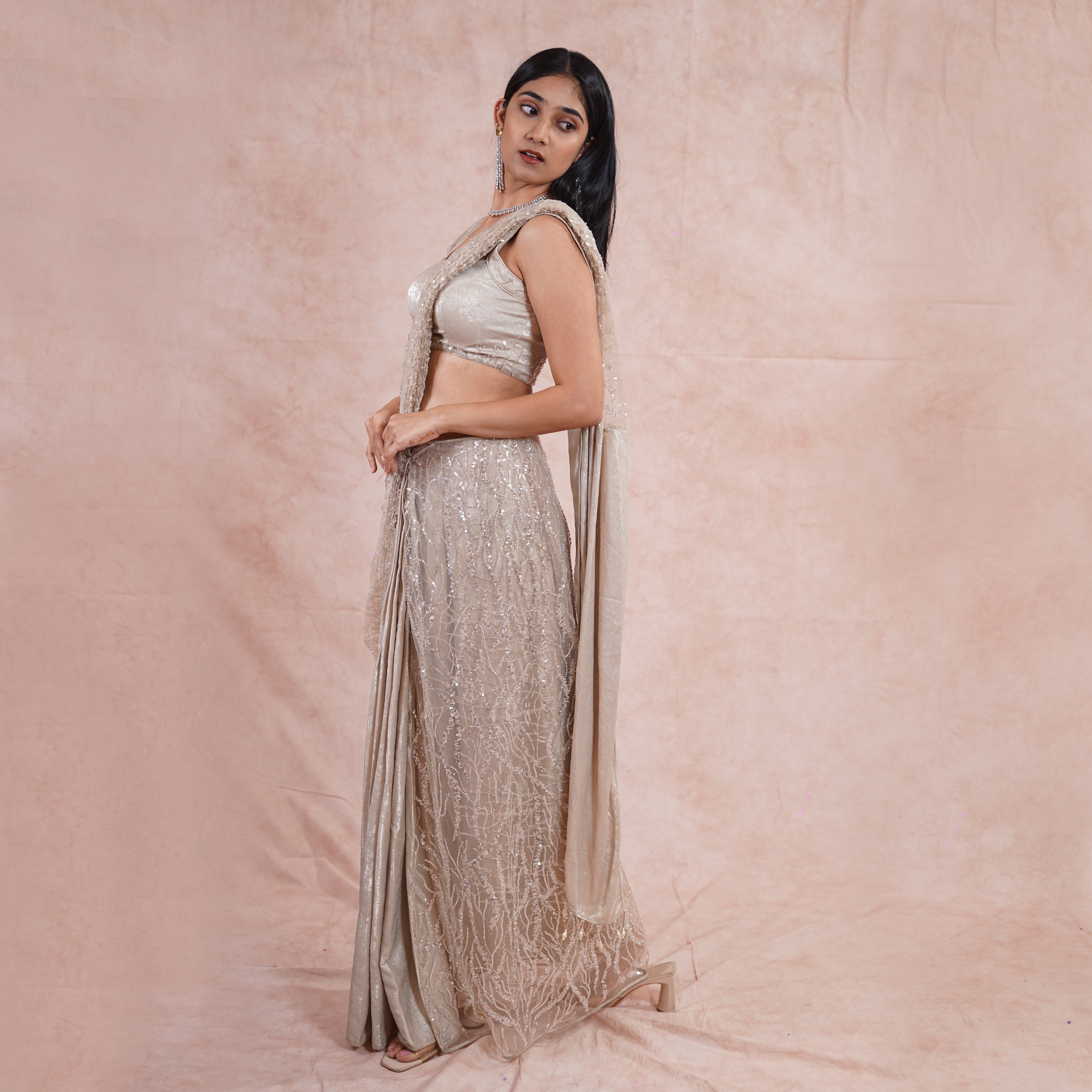 Champagne Gold Pre- Draped Saree,