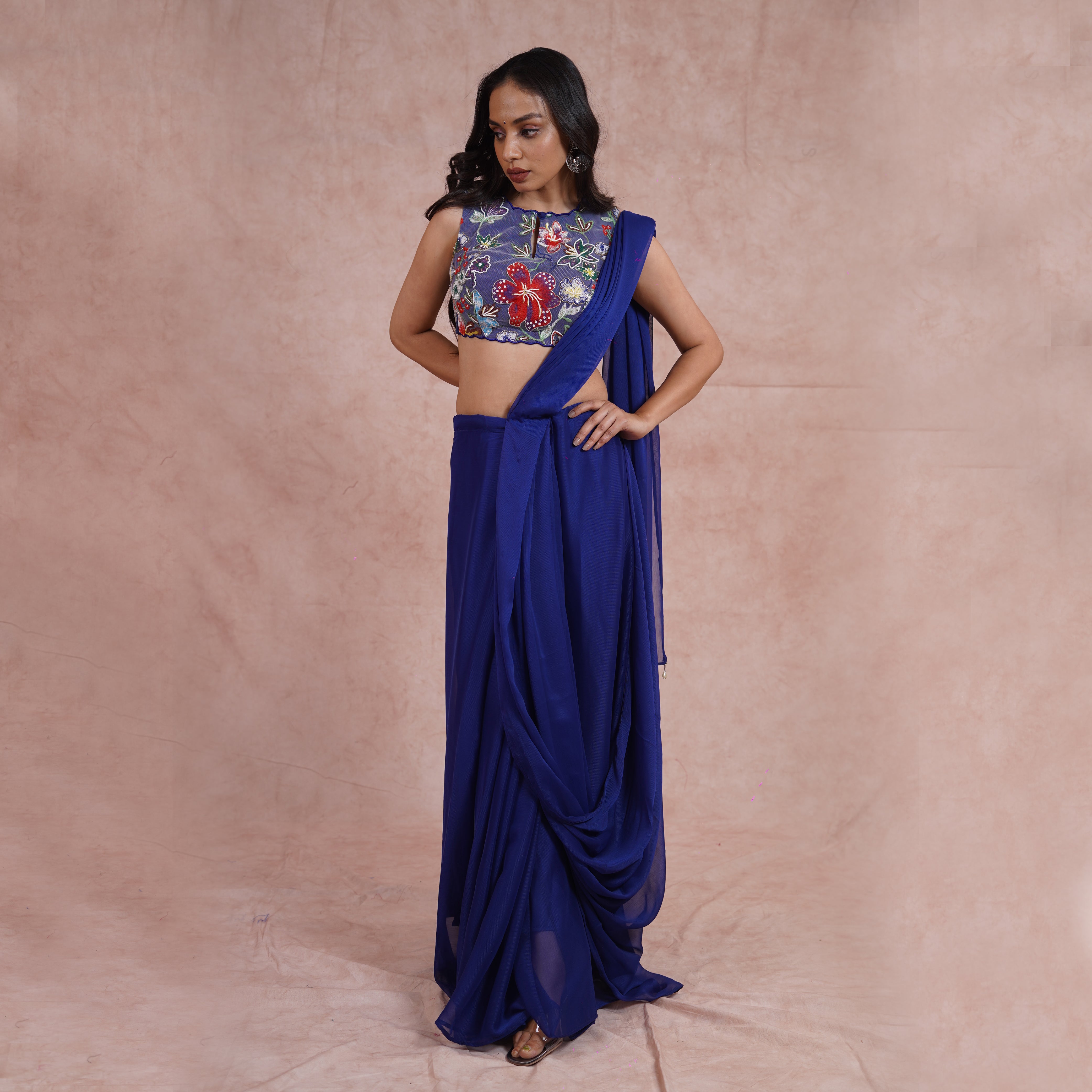 Egyptian Blue Pre-Draped Saree