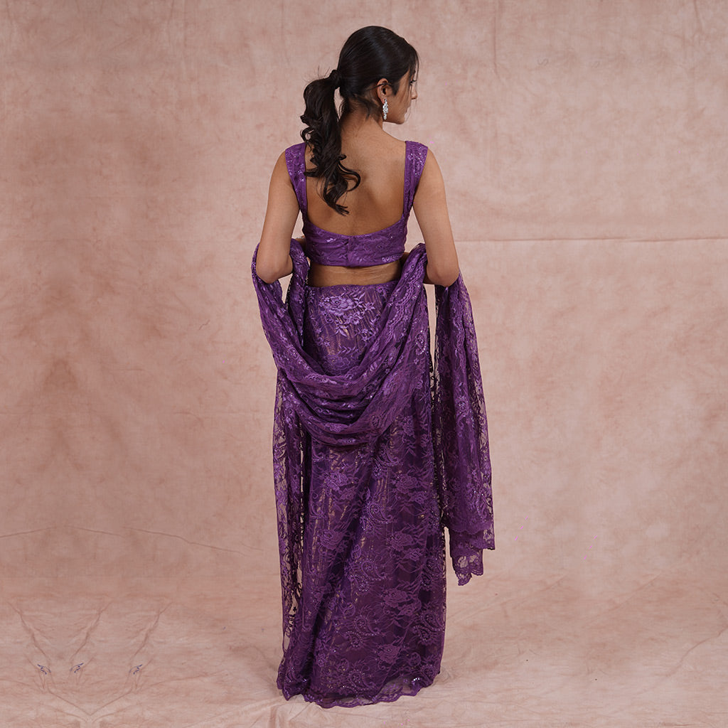 Grape Purple Chantilly Lace Swarovski Studded Saree