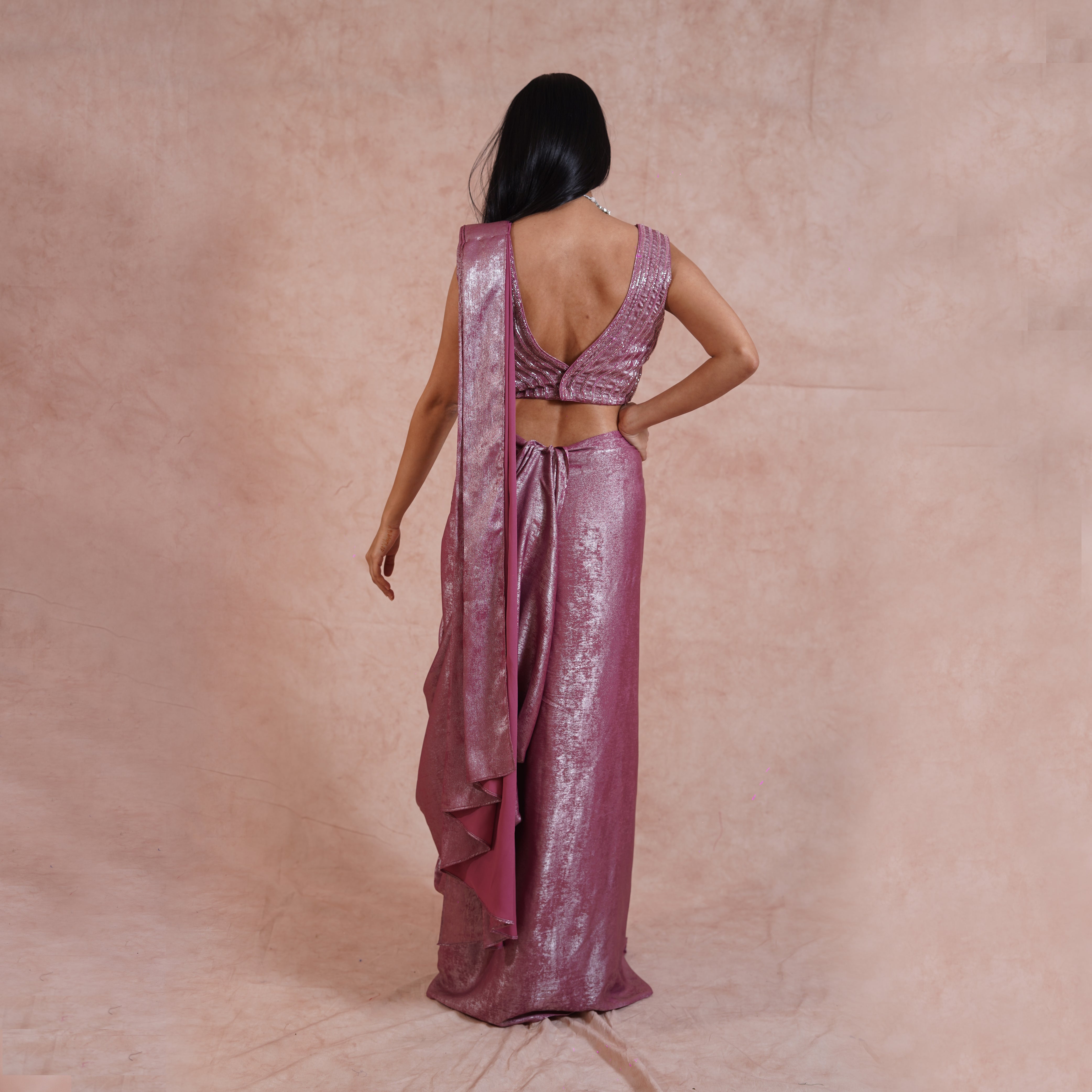 Misty Mauve Crepe Satin Pre- Draped Saree