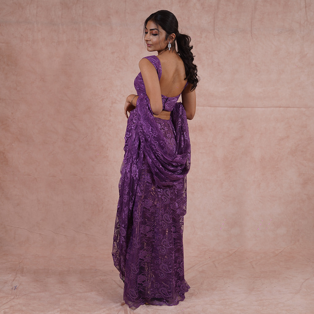 Grape Purple Chantilly Lace Swarovski Studded Saree