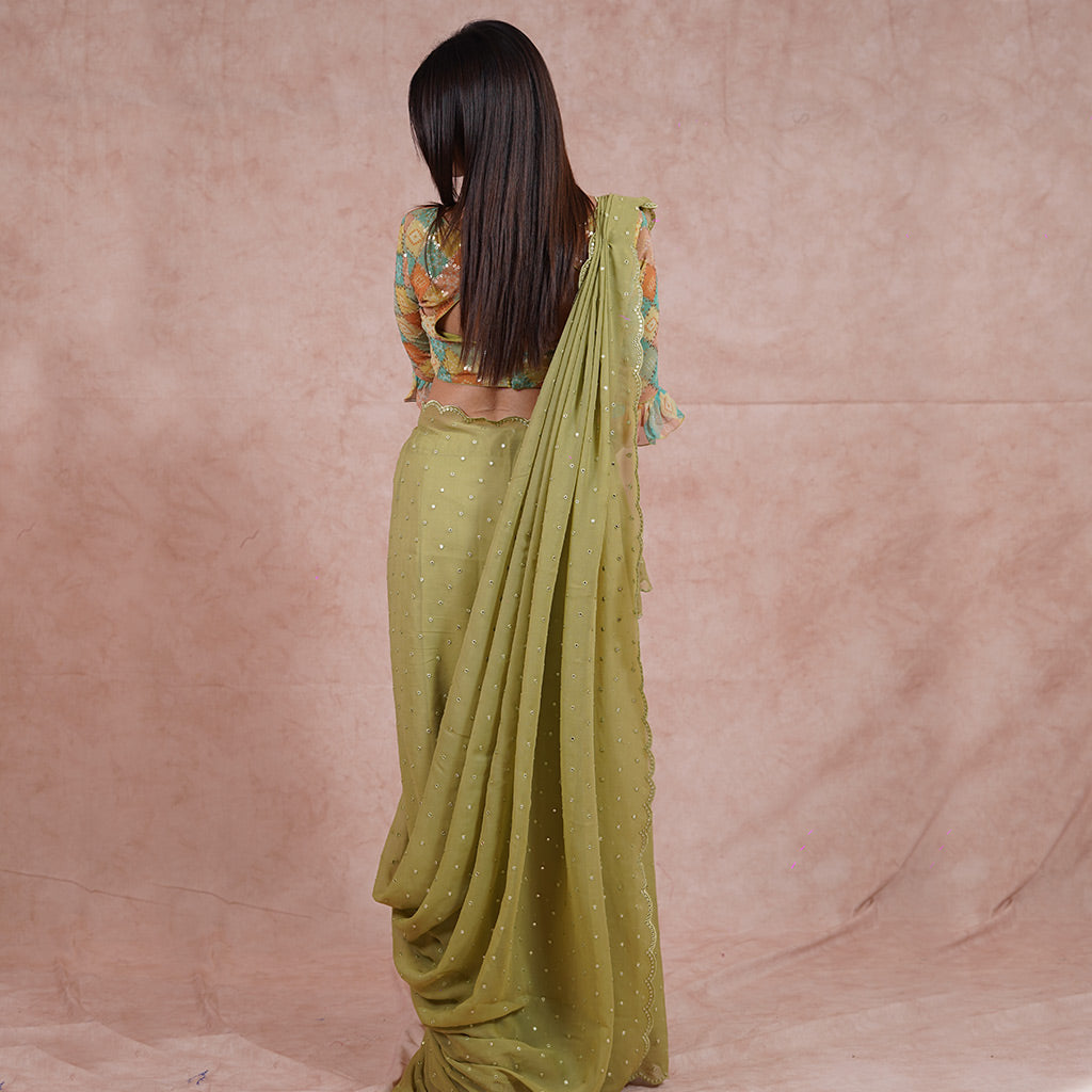 Mehendi green Mirror work saree