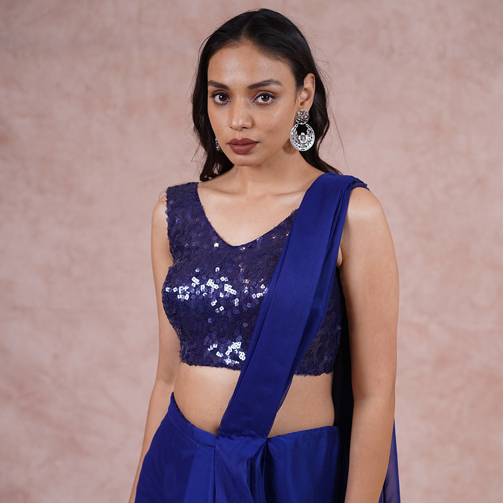 Egyptian Blue Pre-Draped Saree