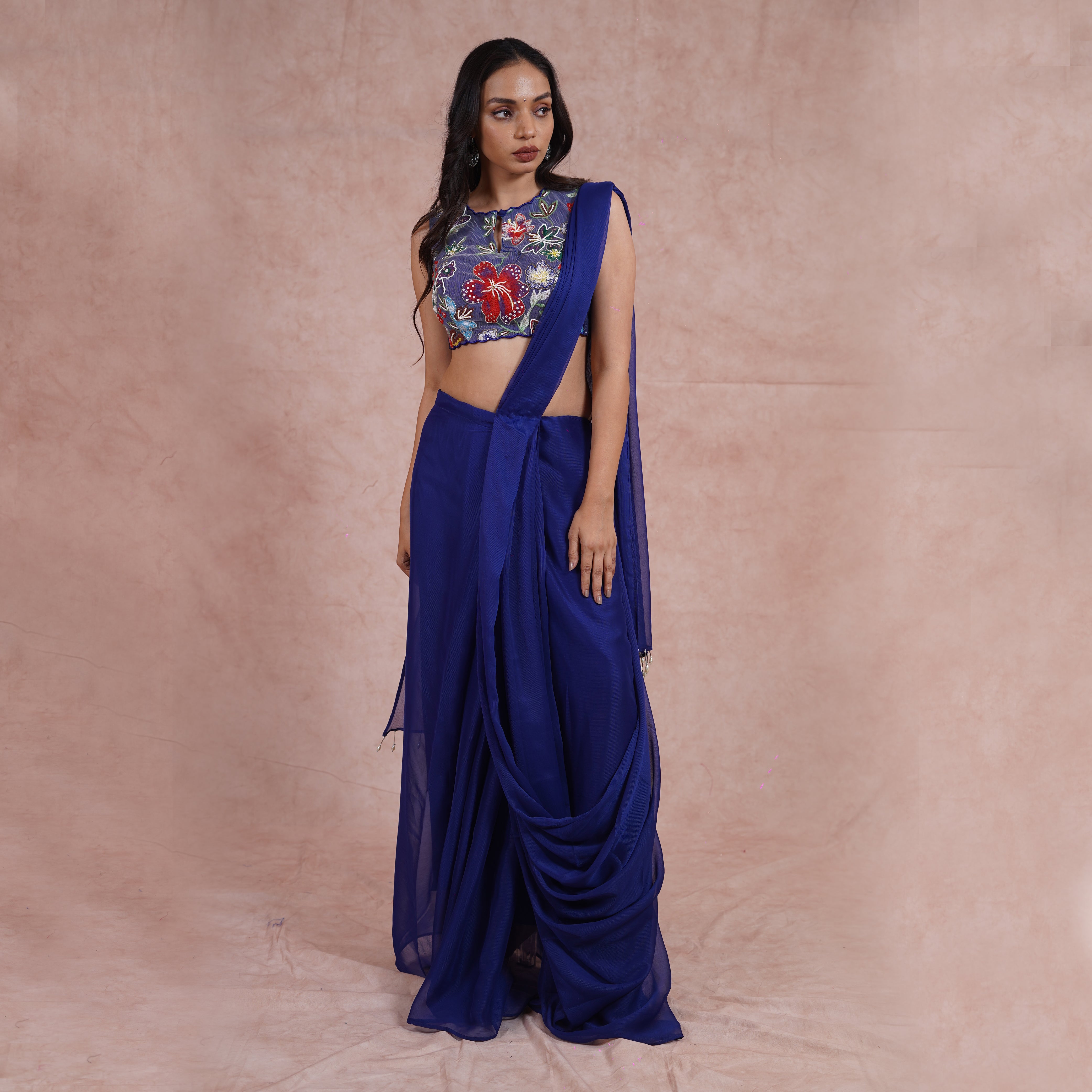 Egyptian Blue Pre-Draped Saree