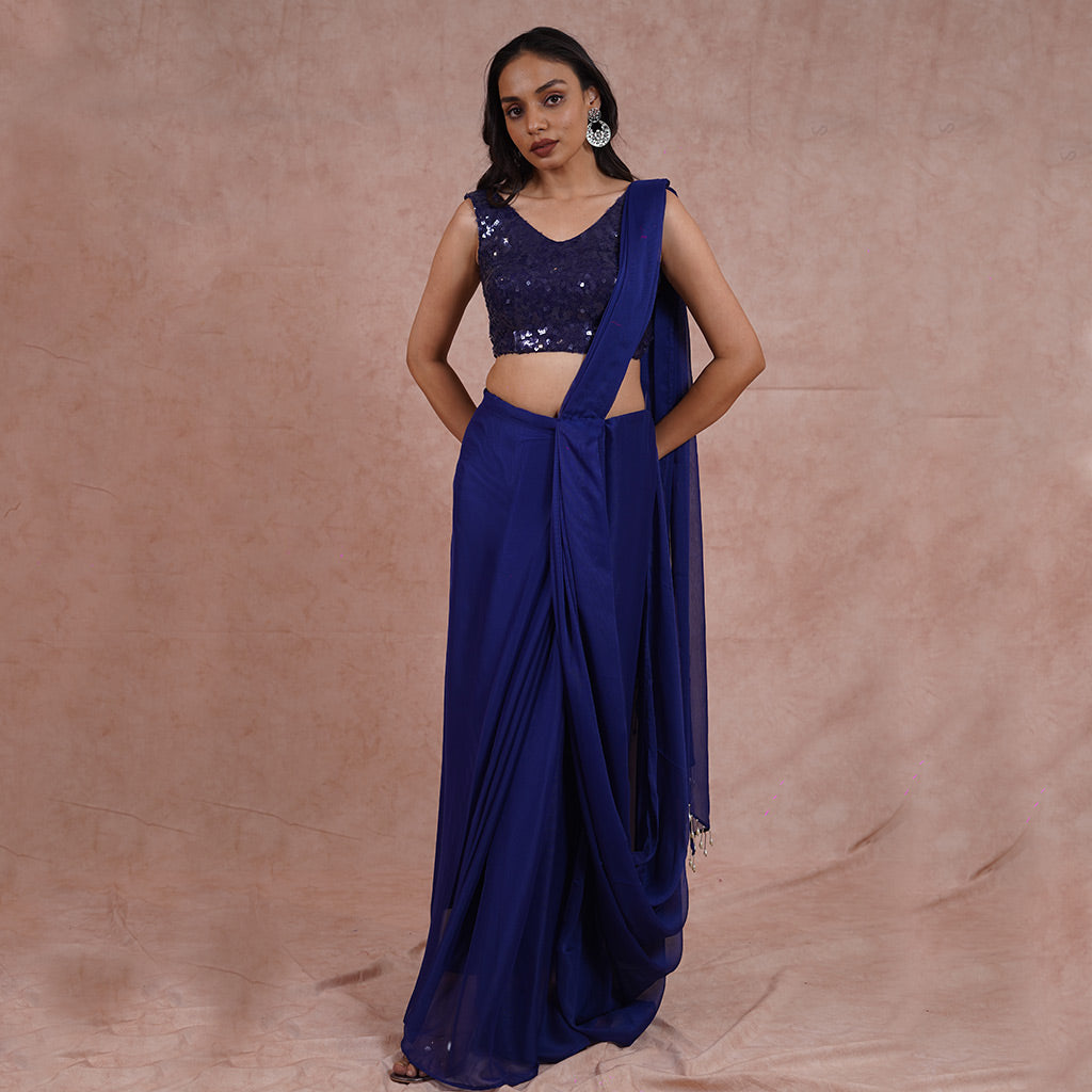 Egyptian Blue Pre-Draped Saree