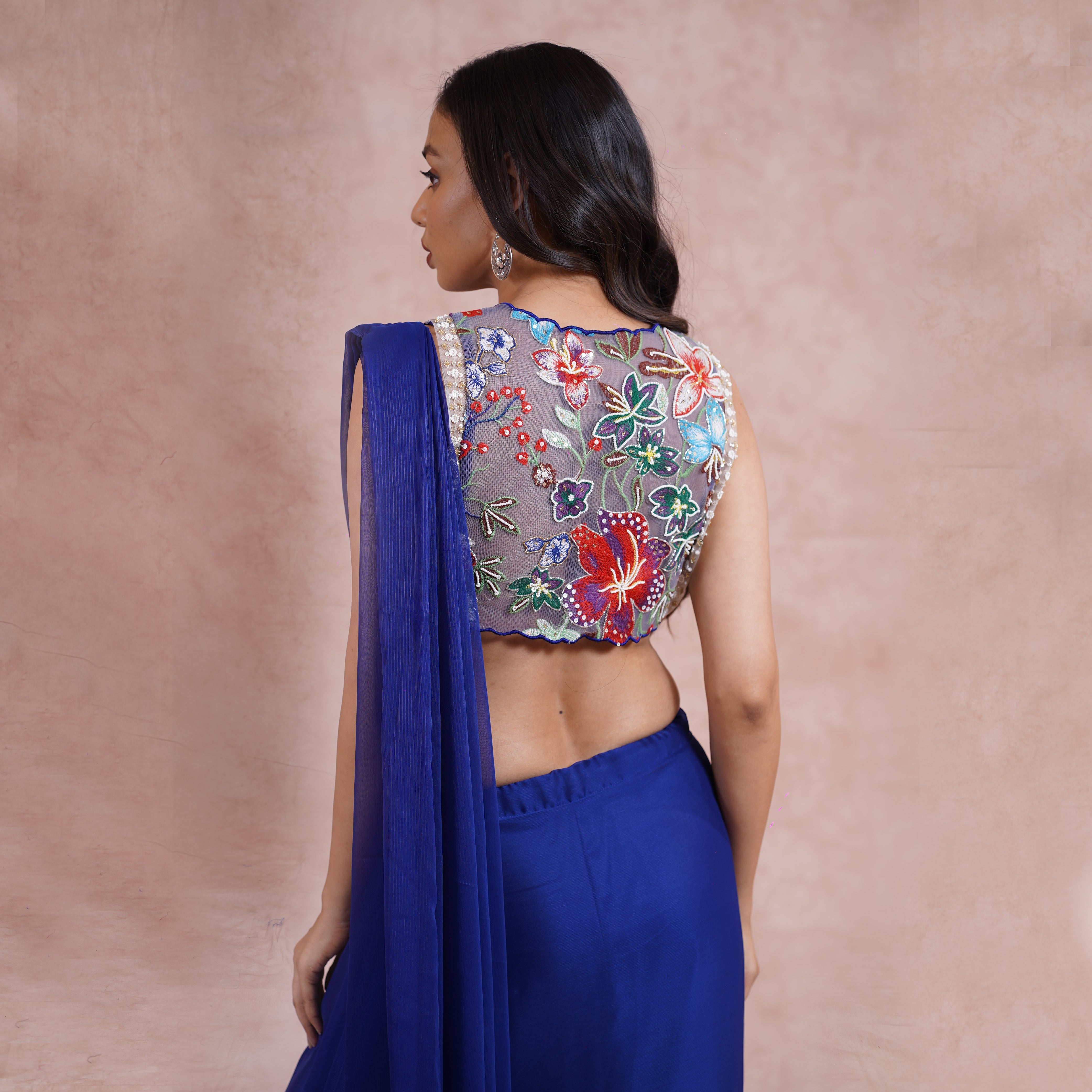 Egyptian Blue Pre-Draped Saree