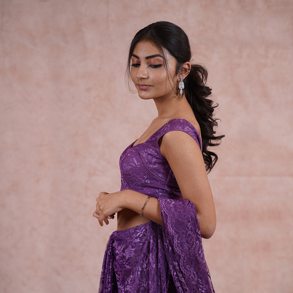 Grape Purple Chantilly Lace Swarovski Studded Saree