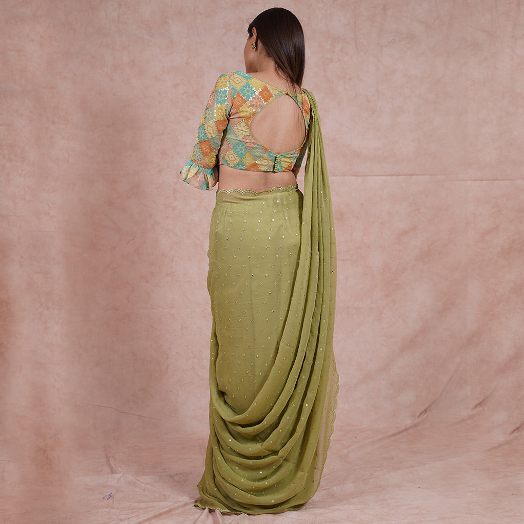 Mehendi green Mirror work saree