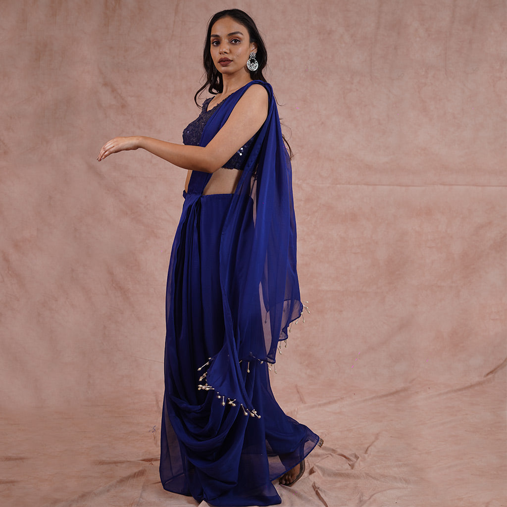 Egyptian Blue Pre-Draped Saree