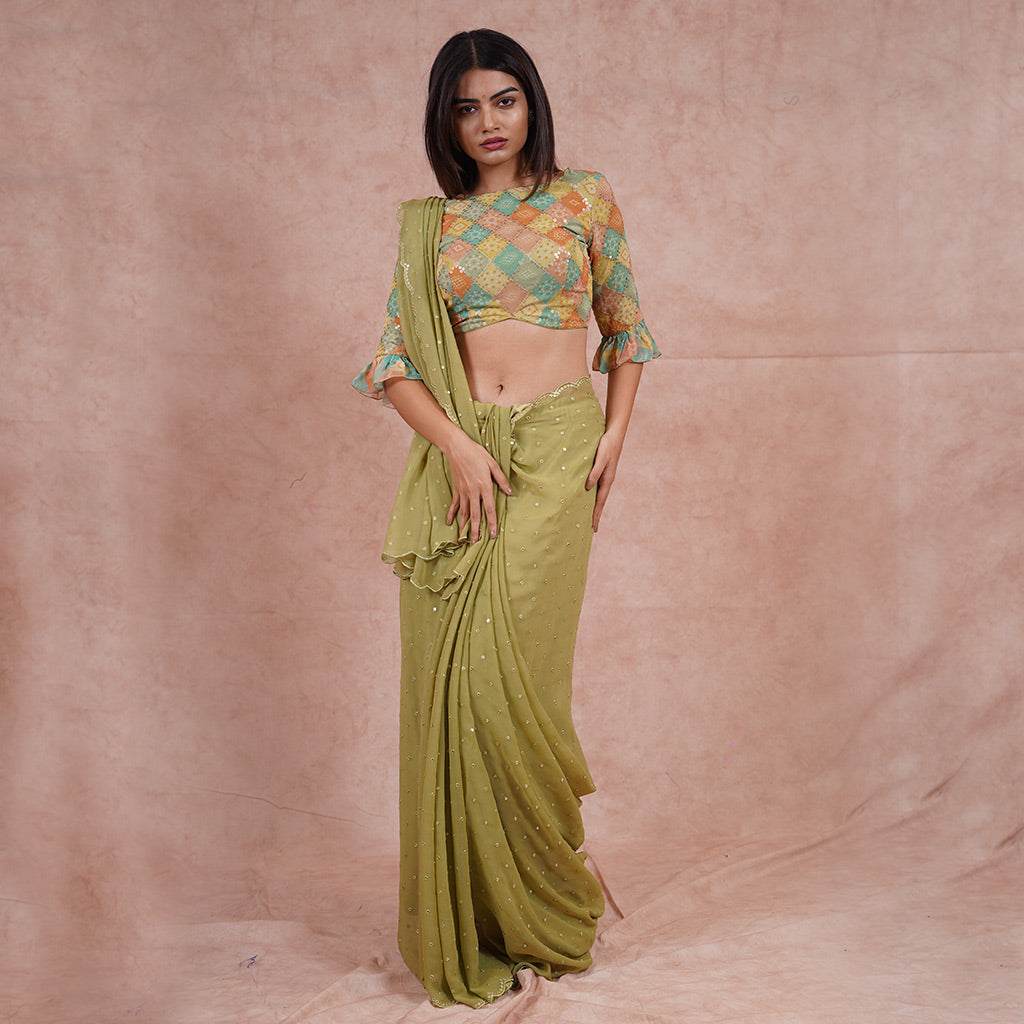 Mehendi green Mirror work saree