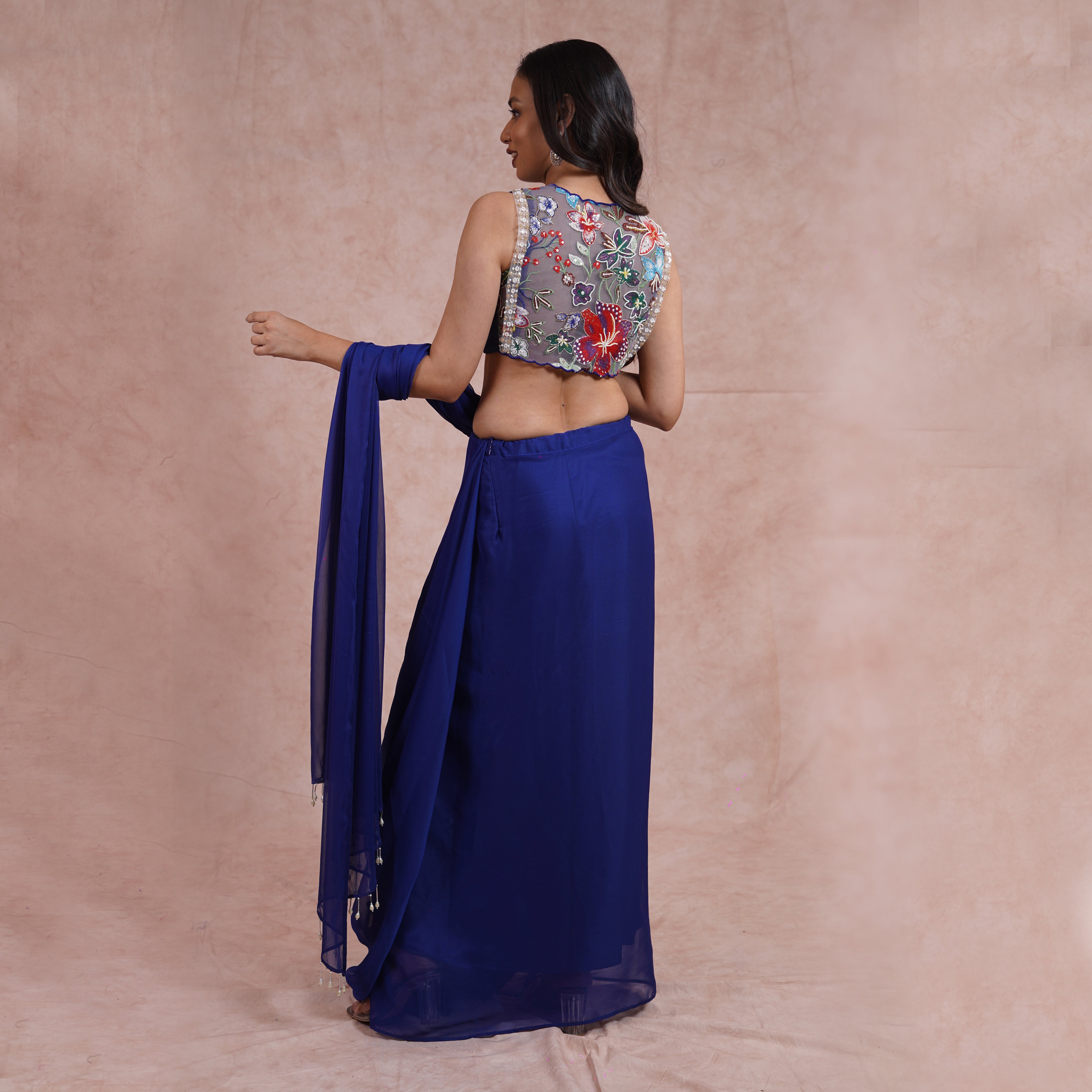 Egyptian Blue Pre-Draped Saree