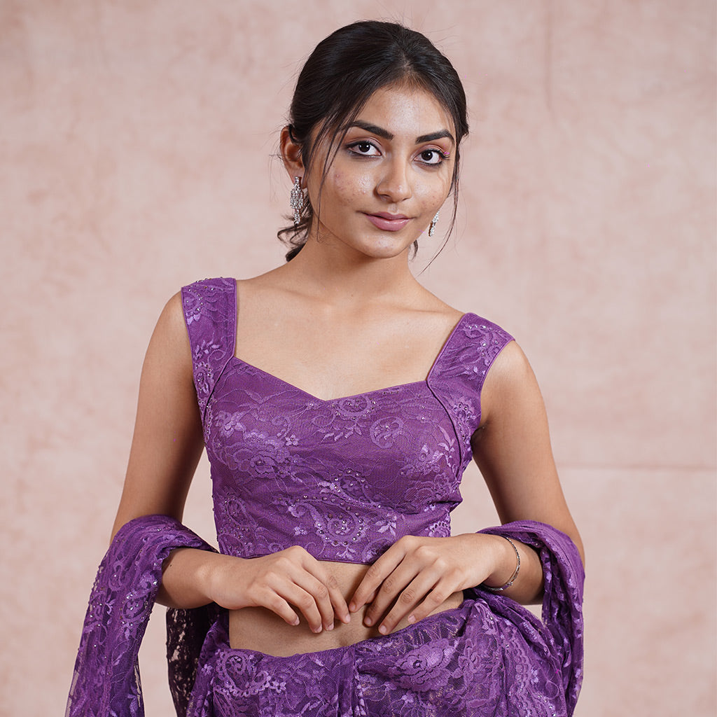 Grape Purple Chantilly Lace Swarovski Studded Saree