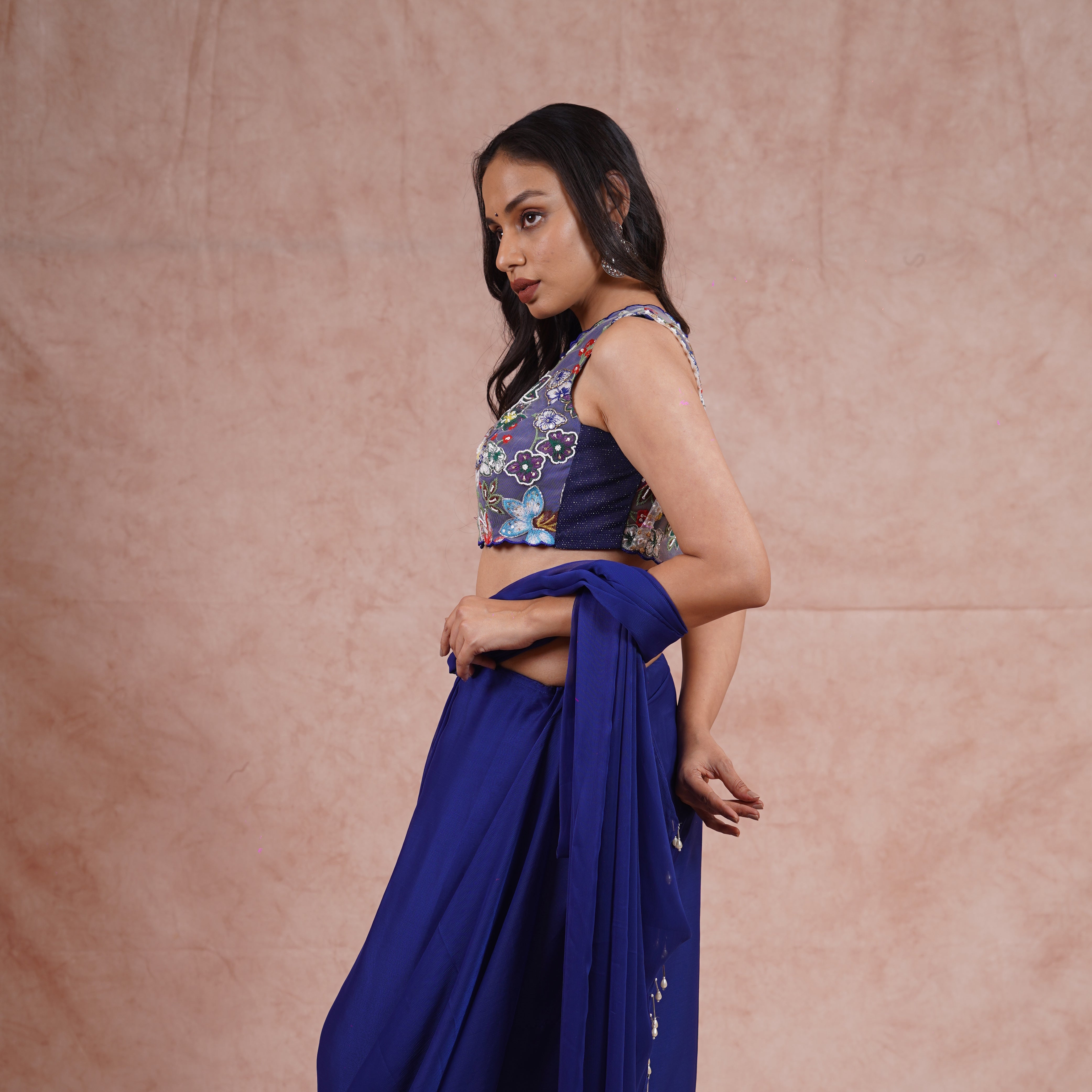 Egyptian Blue Pre-Draped Saree