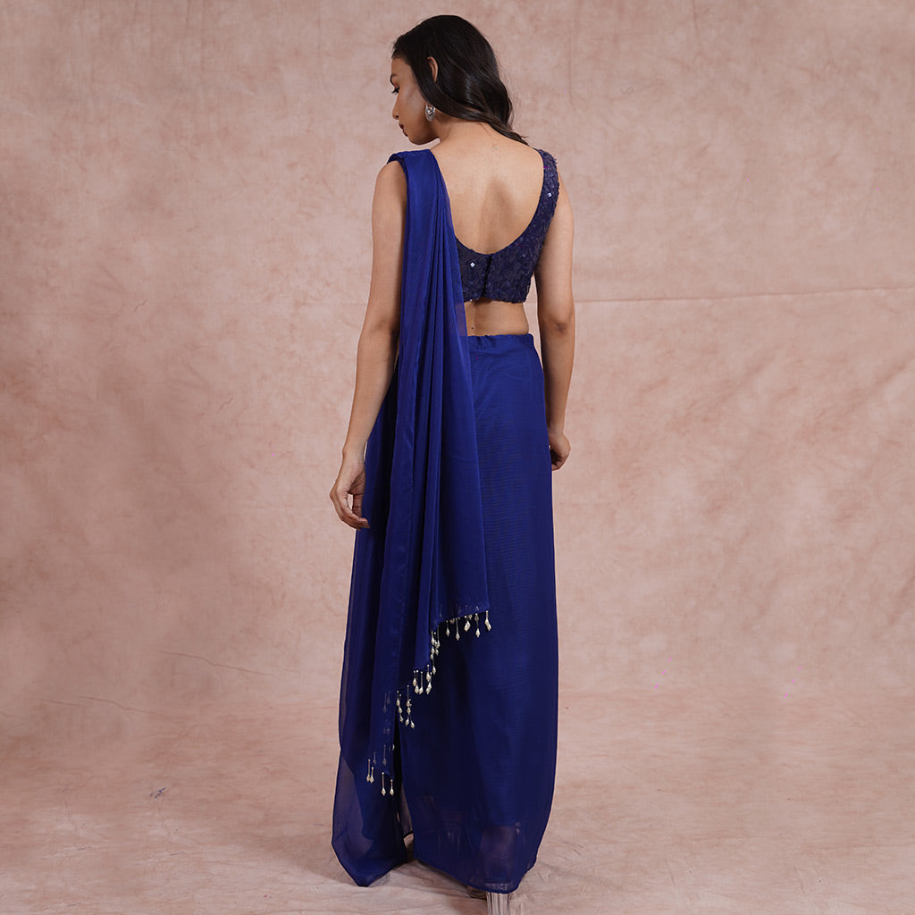 Egyptian Blue Pre-Draped Saree