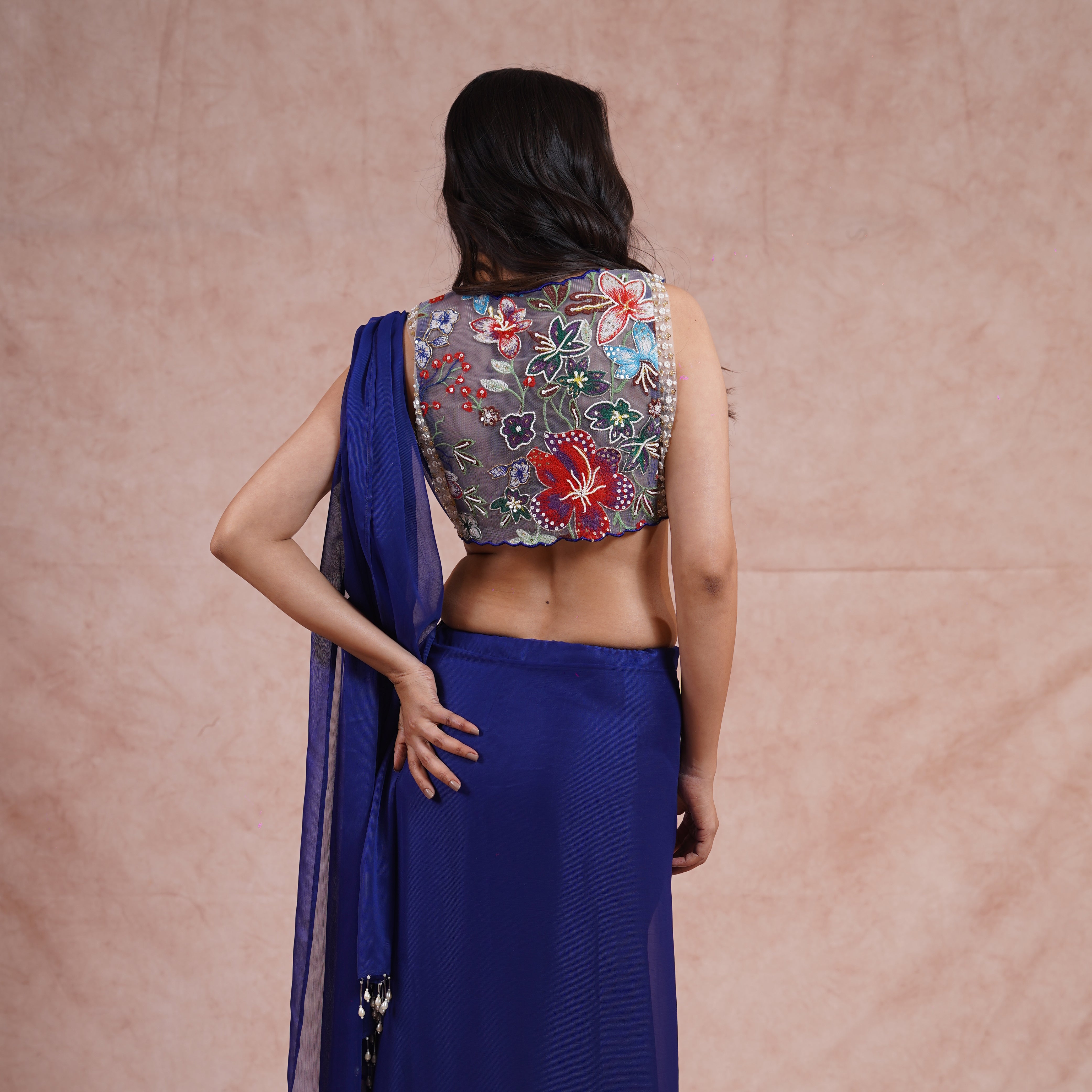 Egyptian Blue Pre-Draped Saree