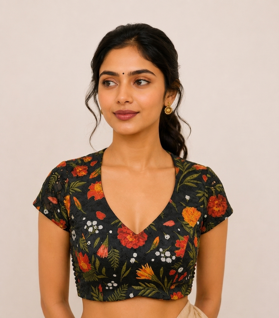 Black Printed Blouse with Side Shirring