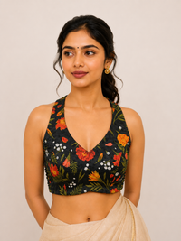 Black Printed Blouse with Side Shirring