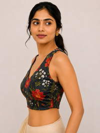 Black Printed Blouse with Side Shirring