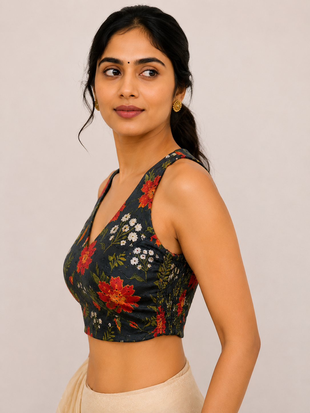 Black Printed Blouse with Side Shirring