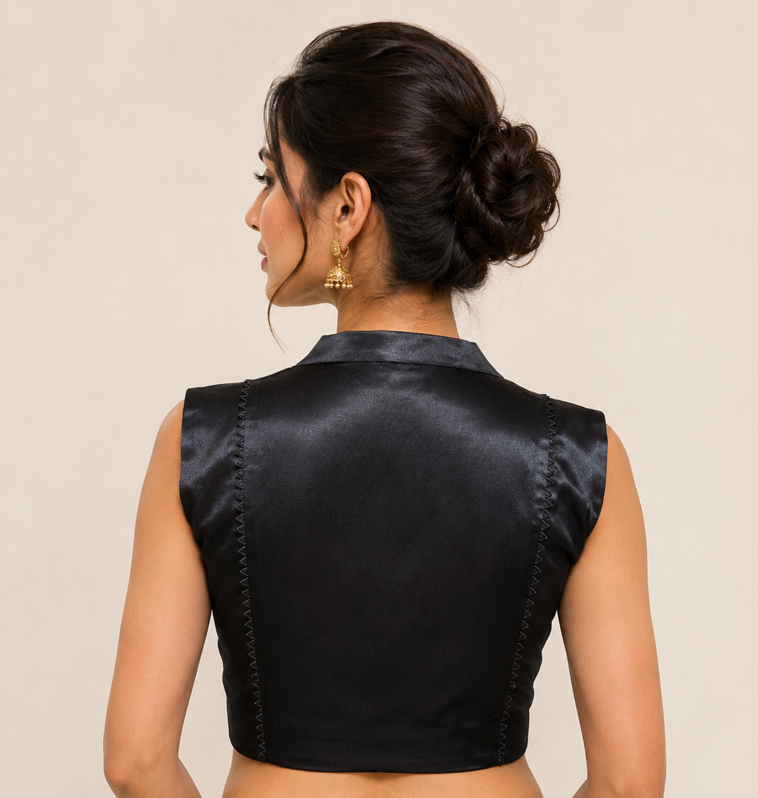 Black Mashru Blouse with Lace-Accented Panel Detailing for festive and wedding wear and side sherring