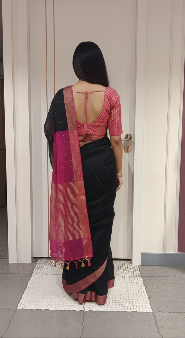 Black Mugha Saree with Wine Pink Border and Sequin Work for wedding and festive wear