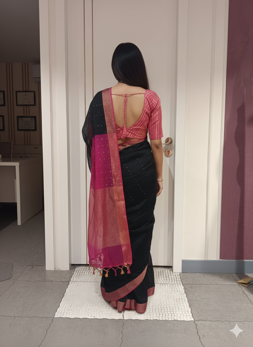 Black Mugha Saree with Wine Pink Border and Sequin Work