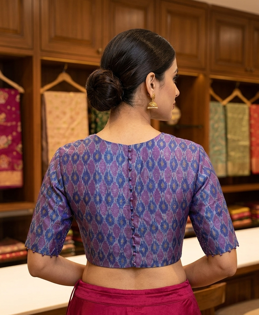 Blue Ikkat Blouse with Side shirring for wedding and festive wear