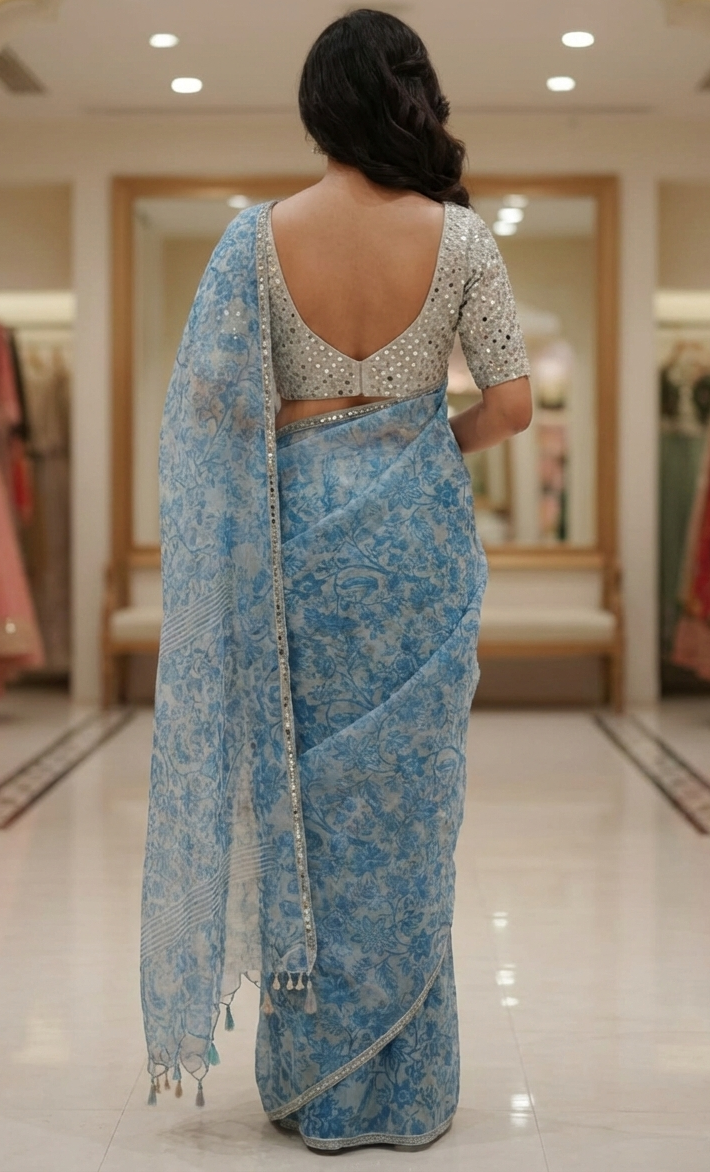 Blue Printed Organza Saree