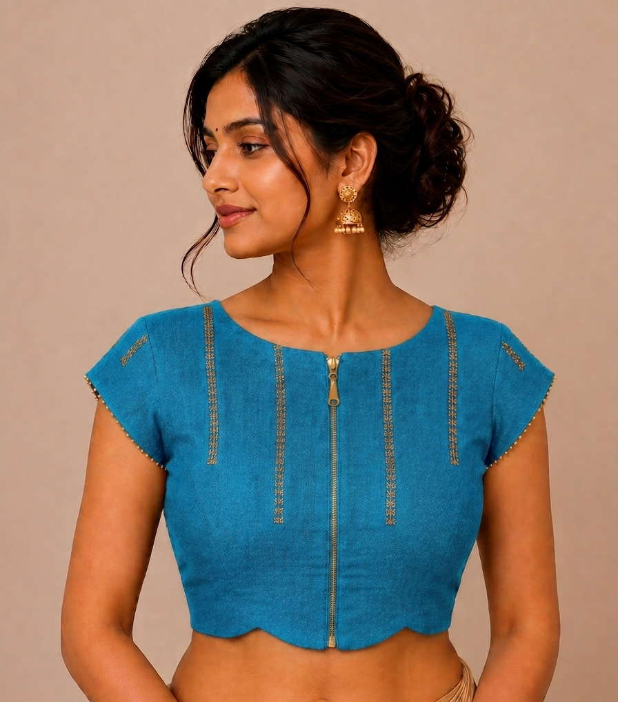 Bangalore Silk Blouse with Embroidered Leaf Motifs with side sherring