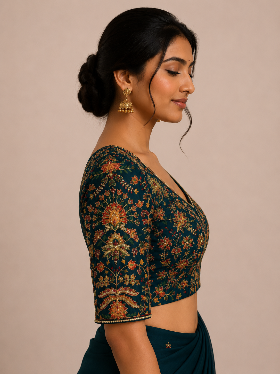 Blue digital print Hand Embroidered Blouse for wedding and festive wear