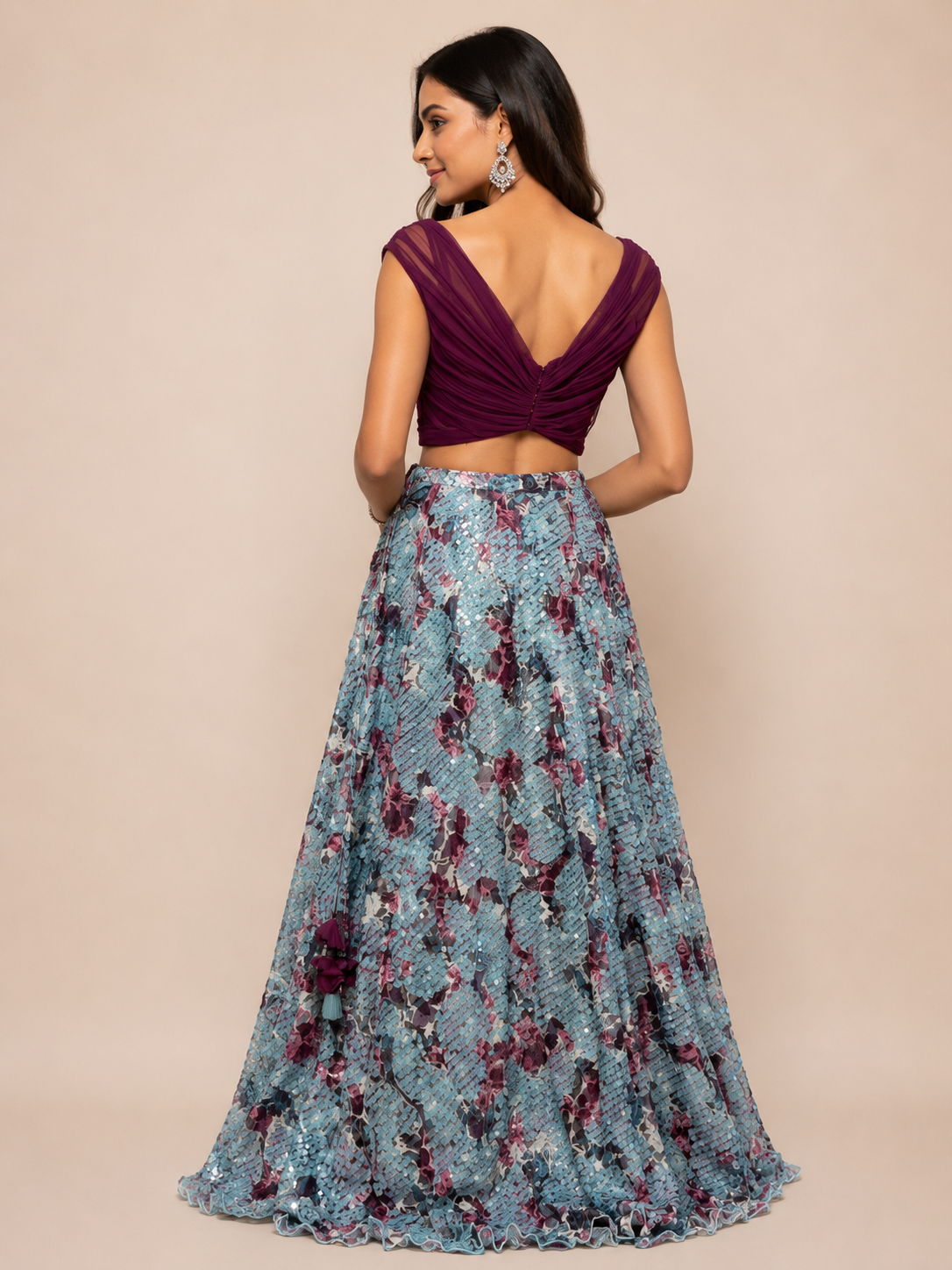 Blue sequined Skirt and Ruffled Crop top for wedding and festive wear