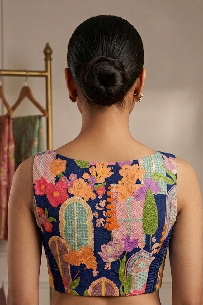 Blue Printed Blouse with Side Shirring