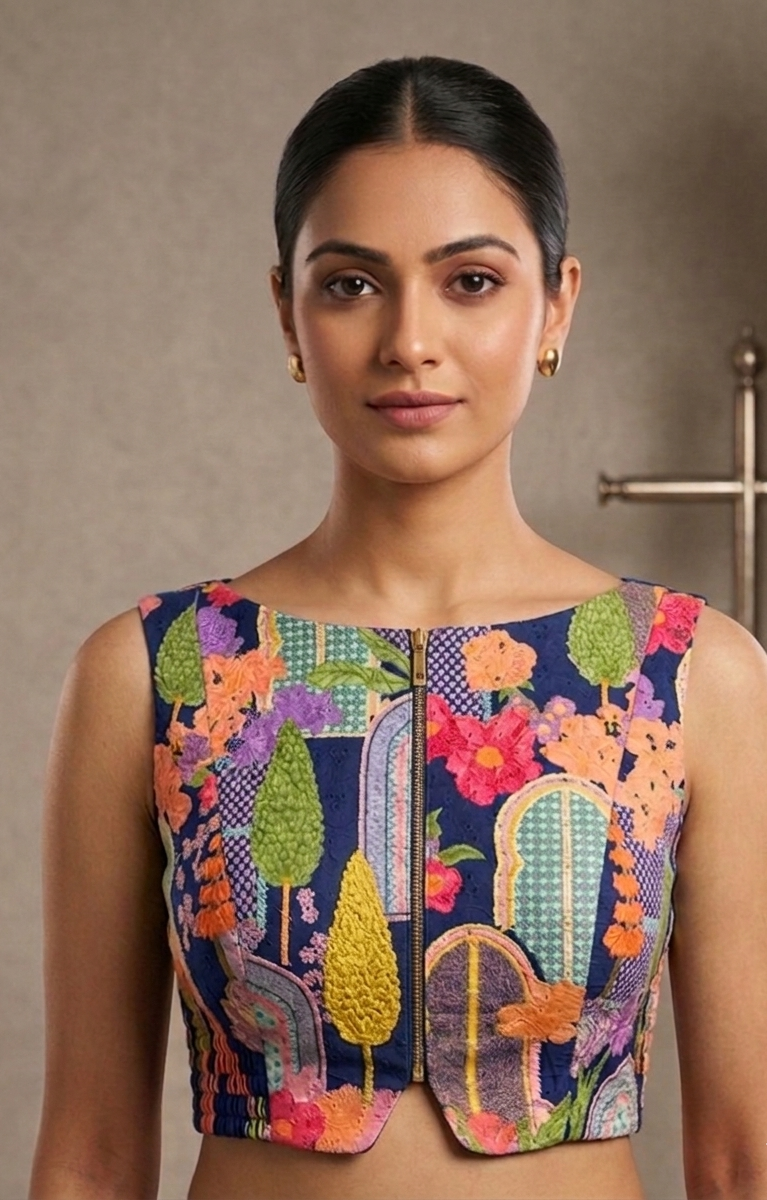 Blue Printed Blouse with Side Shirring