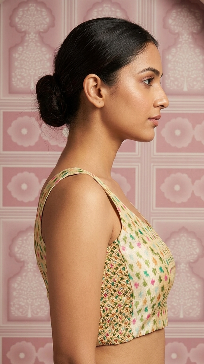 Sleeveless Cream Ikkat Blouse with Side Shirring for wedding and festive wear