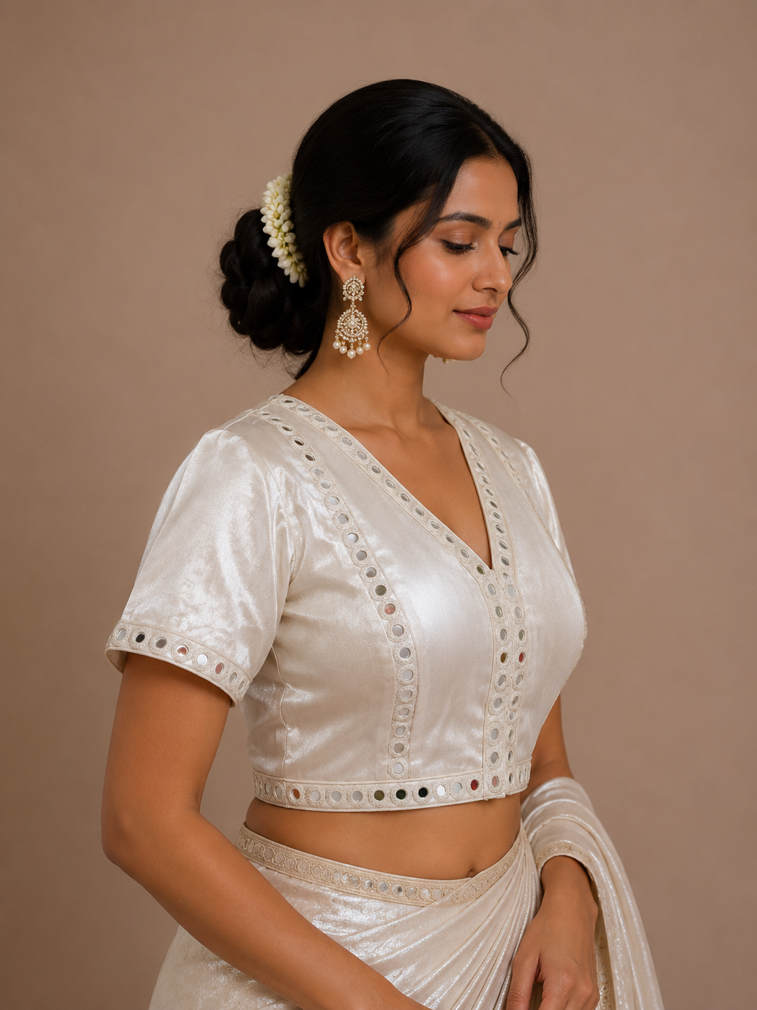 White Mashru Mirror Work Jacket Blouse