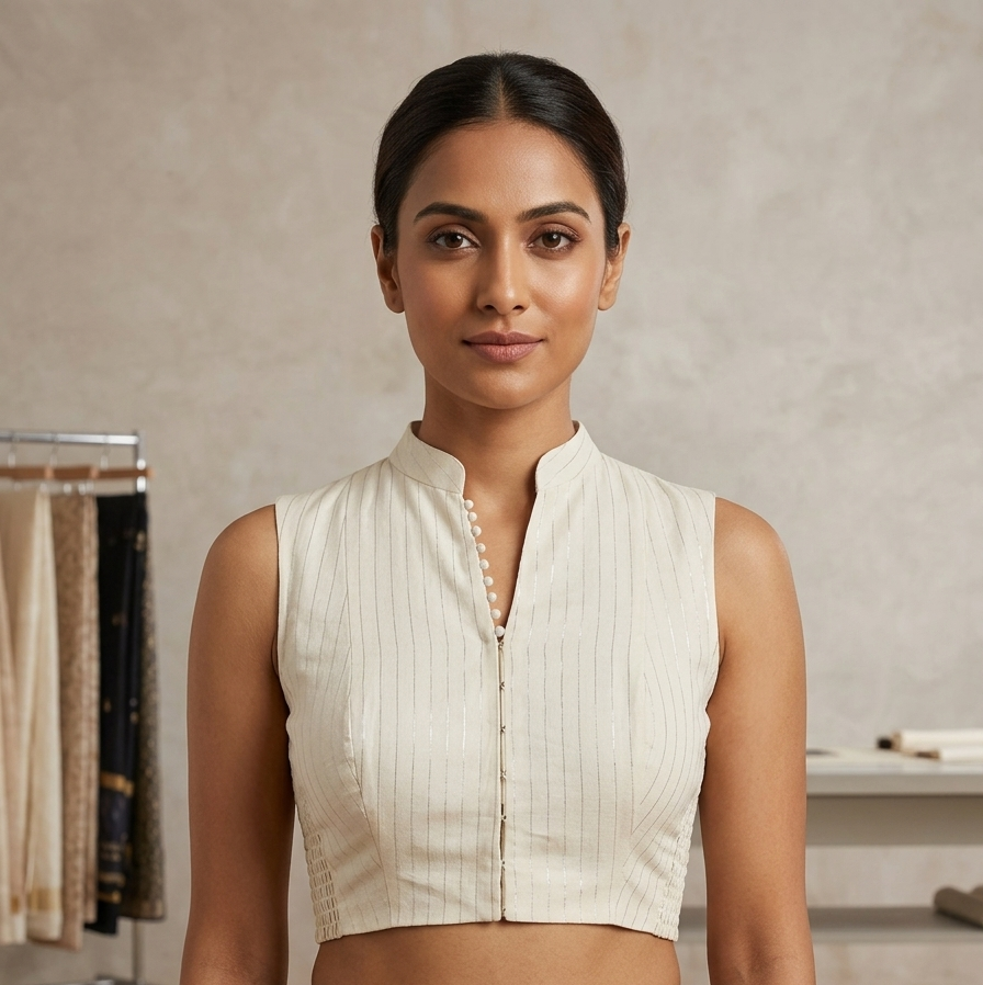 Sleeveless Cream mandarin collared Blouse with Side Shirring