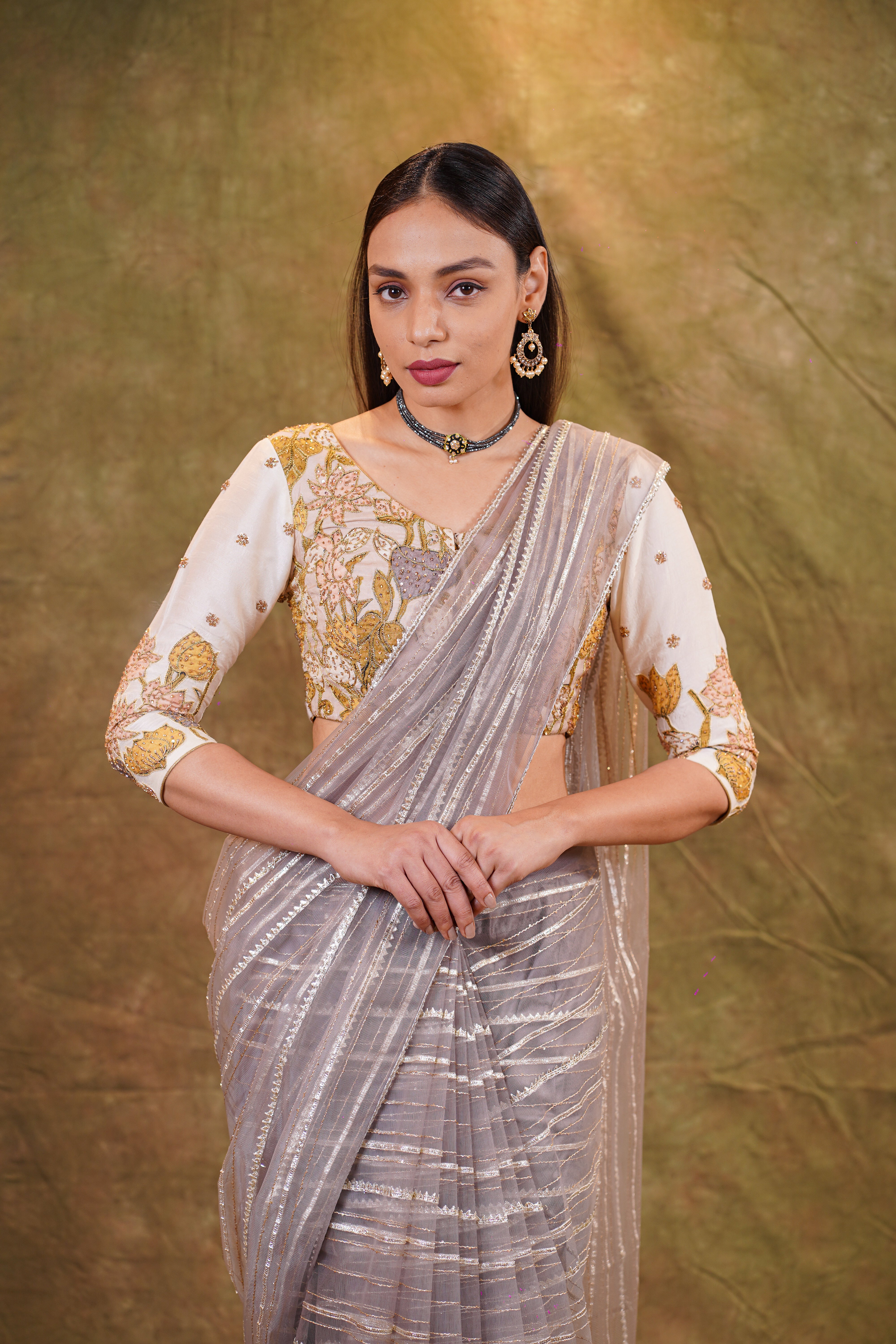 Ash grey organza saree