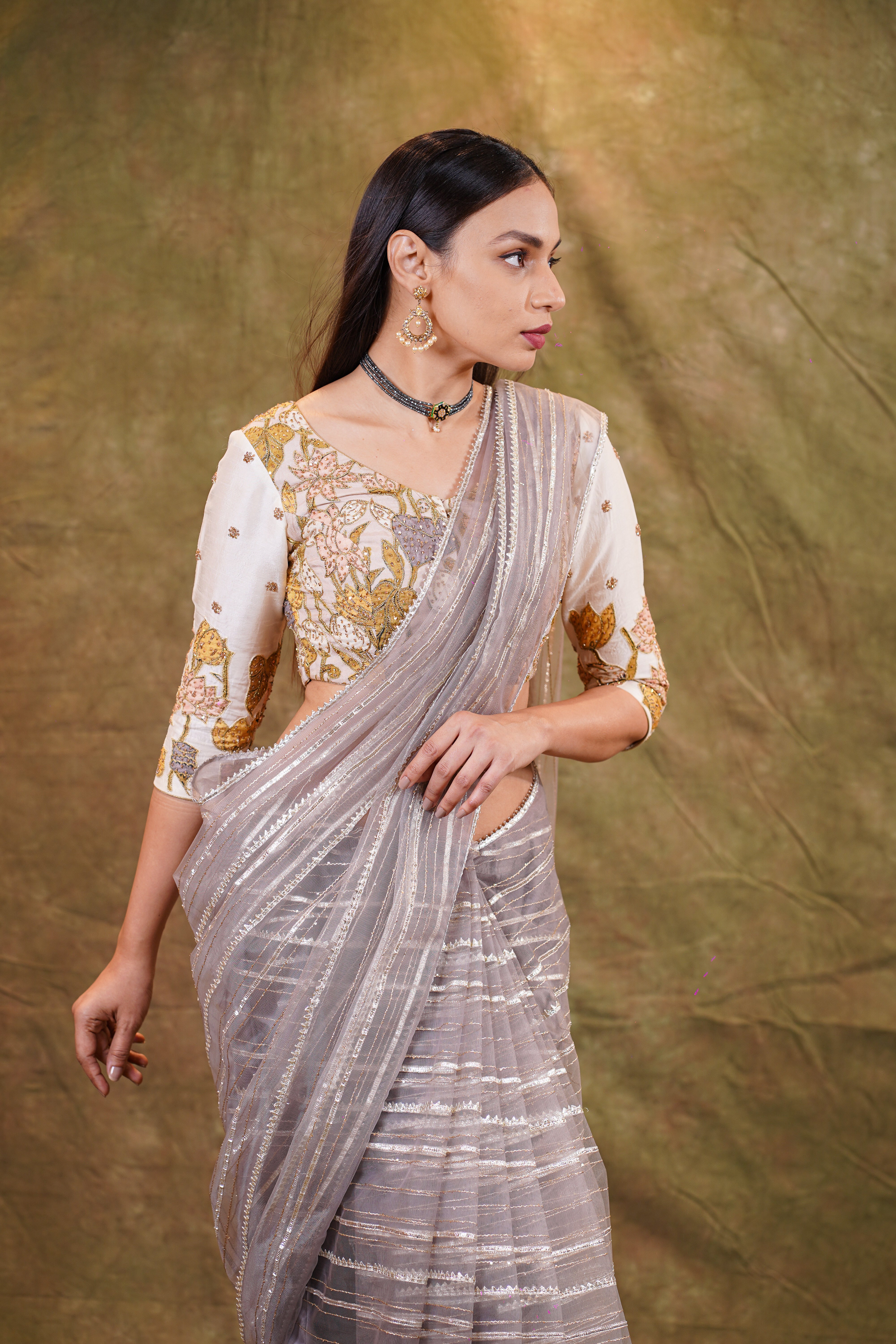 Ash grey organza saree