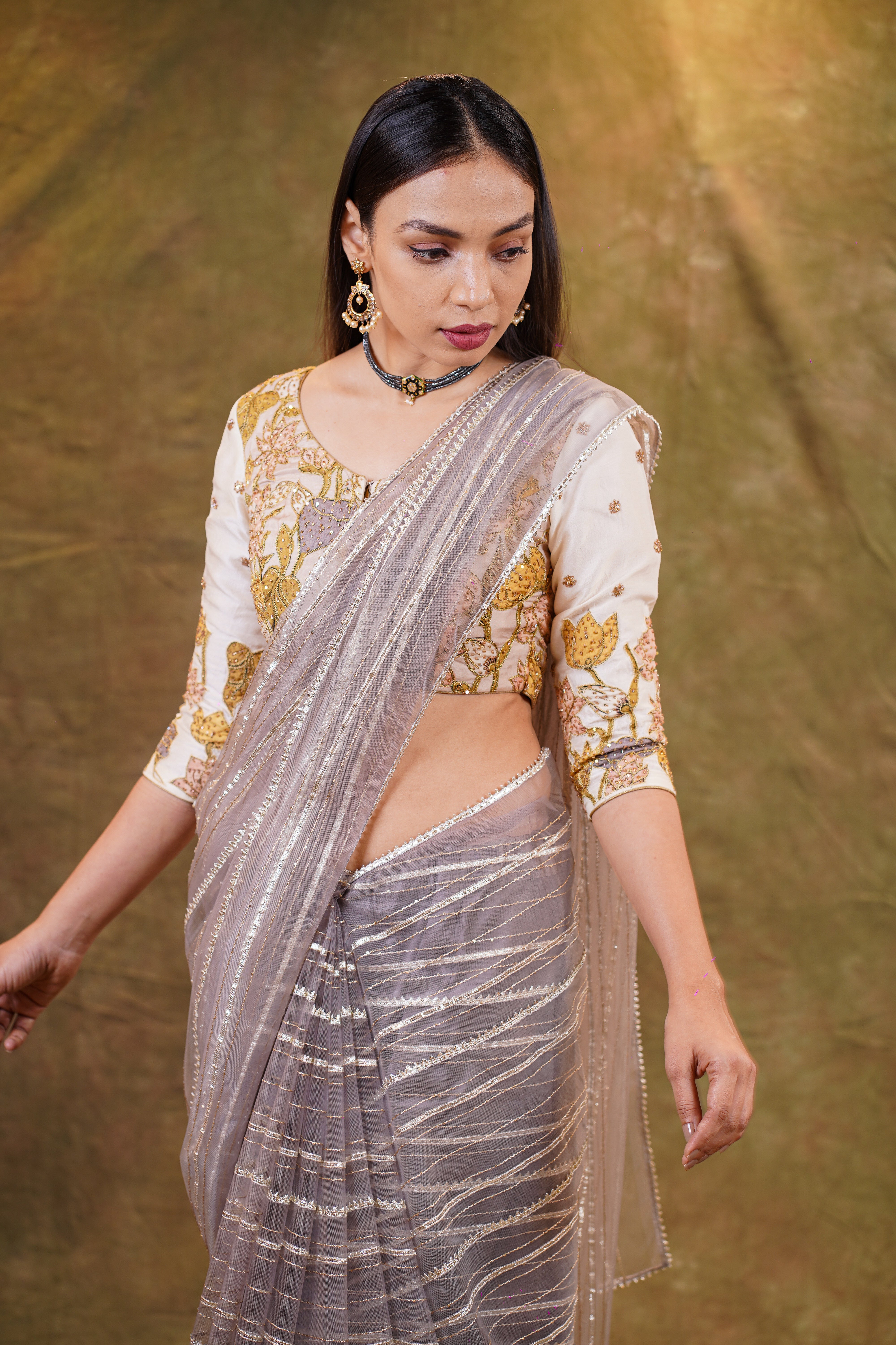 Ash grey organza saree