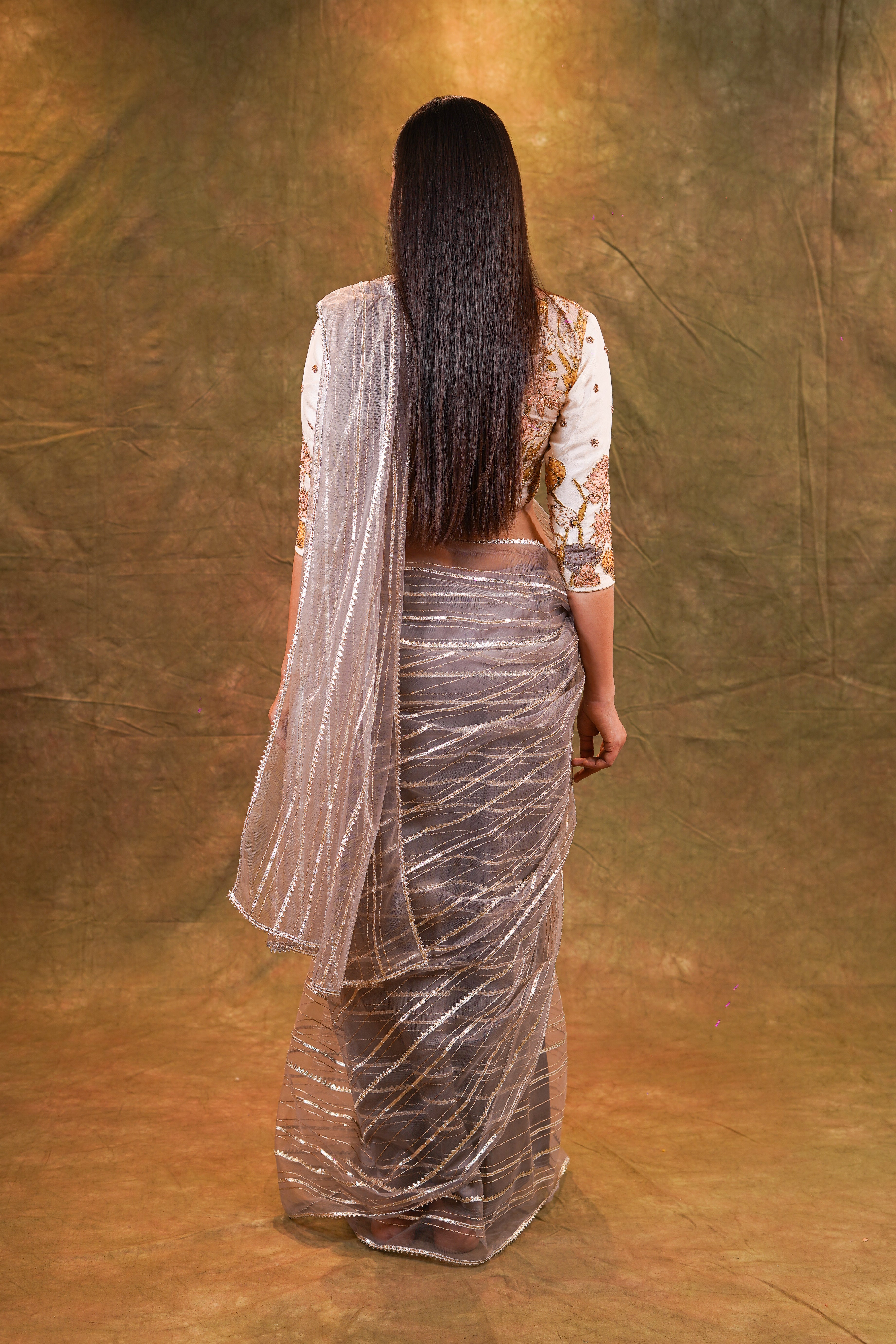 Ash grey organza saree