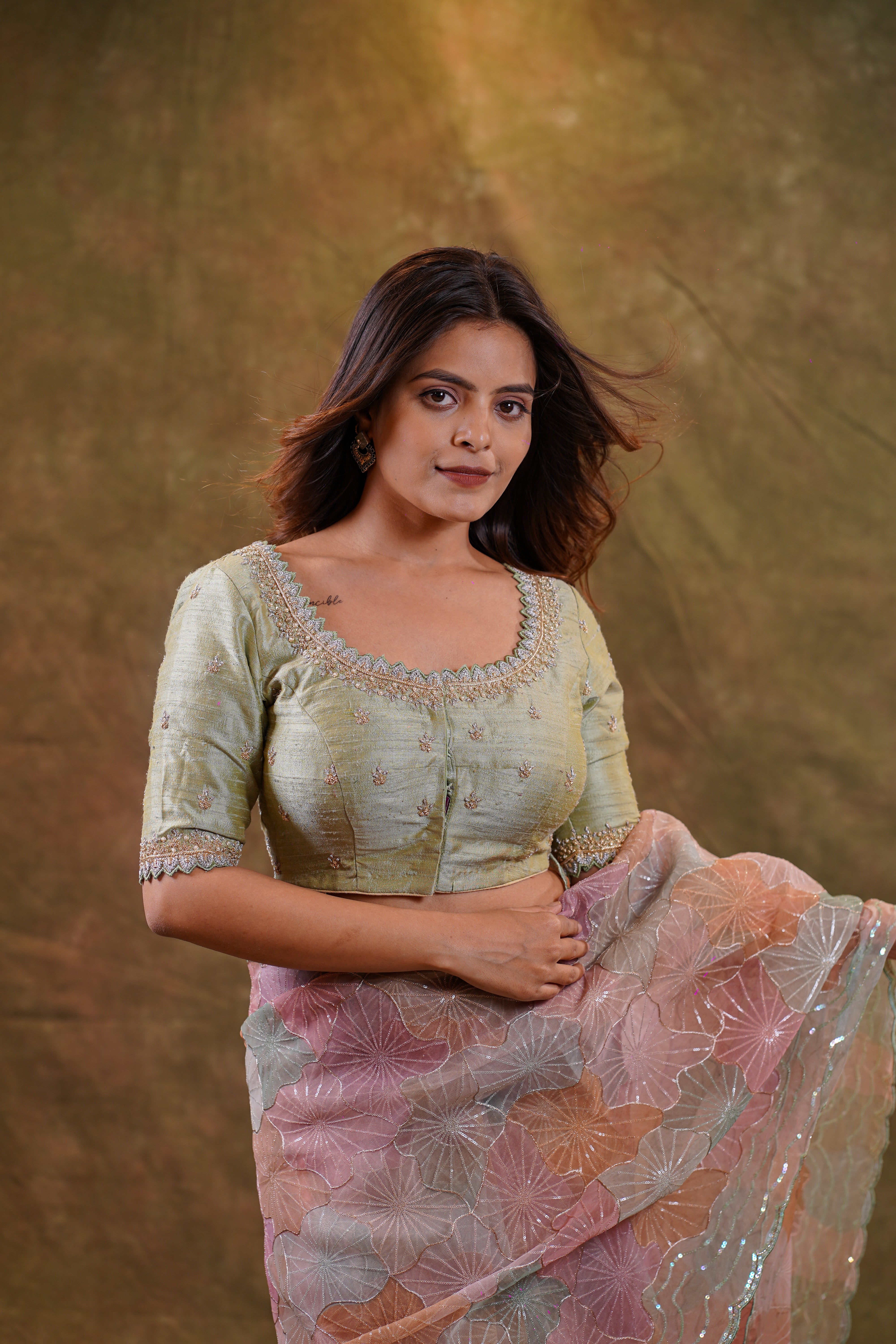 Moss Green Rawsilk Embroidered Blouse